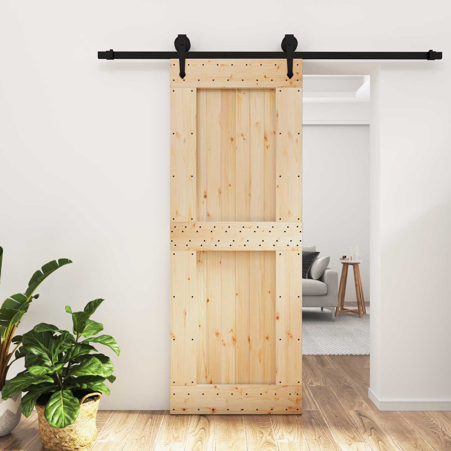 Sliding Door Natural and Black 80 x 210 cm Solid Pine Wood