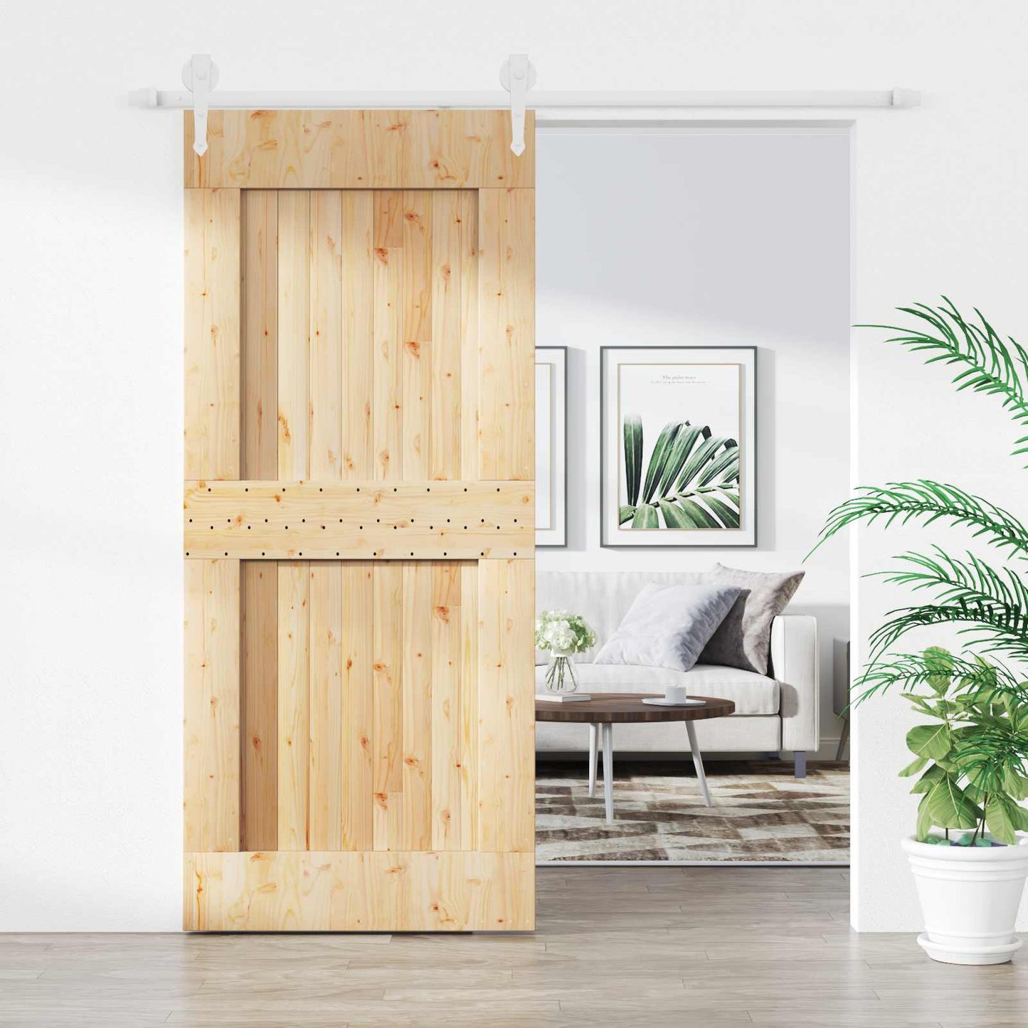 Sliding Door Natural and White 90 x 210 cm Solid Pine Wood