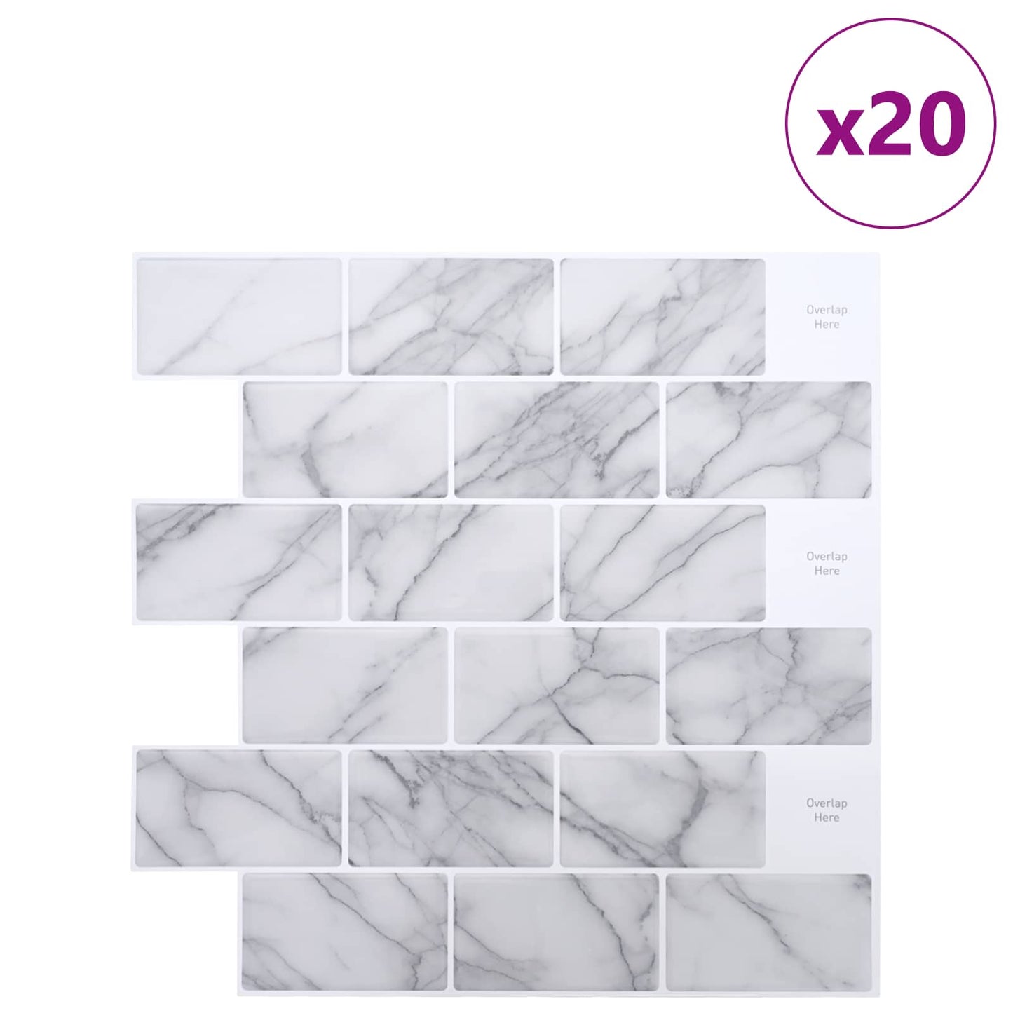 Subway Tile 20 pcs White Marble 30 x 30 cm Polyurethane and PET