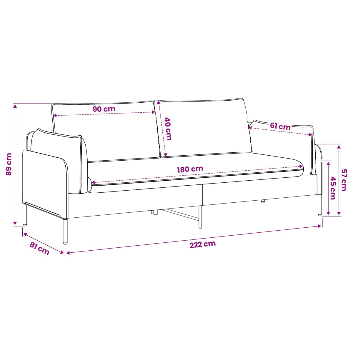 3-Seater Sofa 3-Seater Wine Red 222 x 81 x 89 cm Velvet