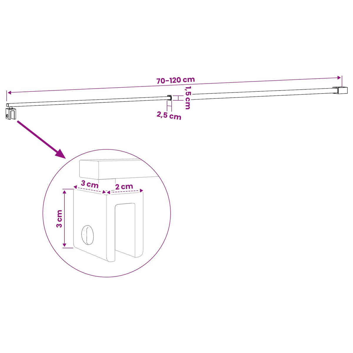Shower Door Support Bar 70-120 cm for 6/8 mm Glass Chrome