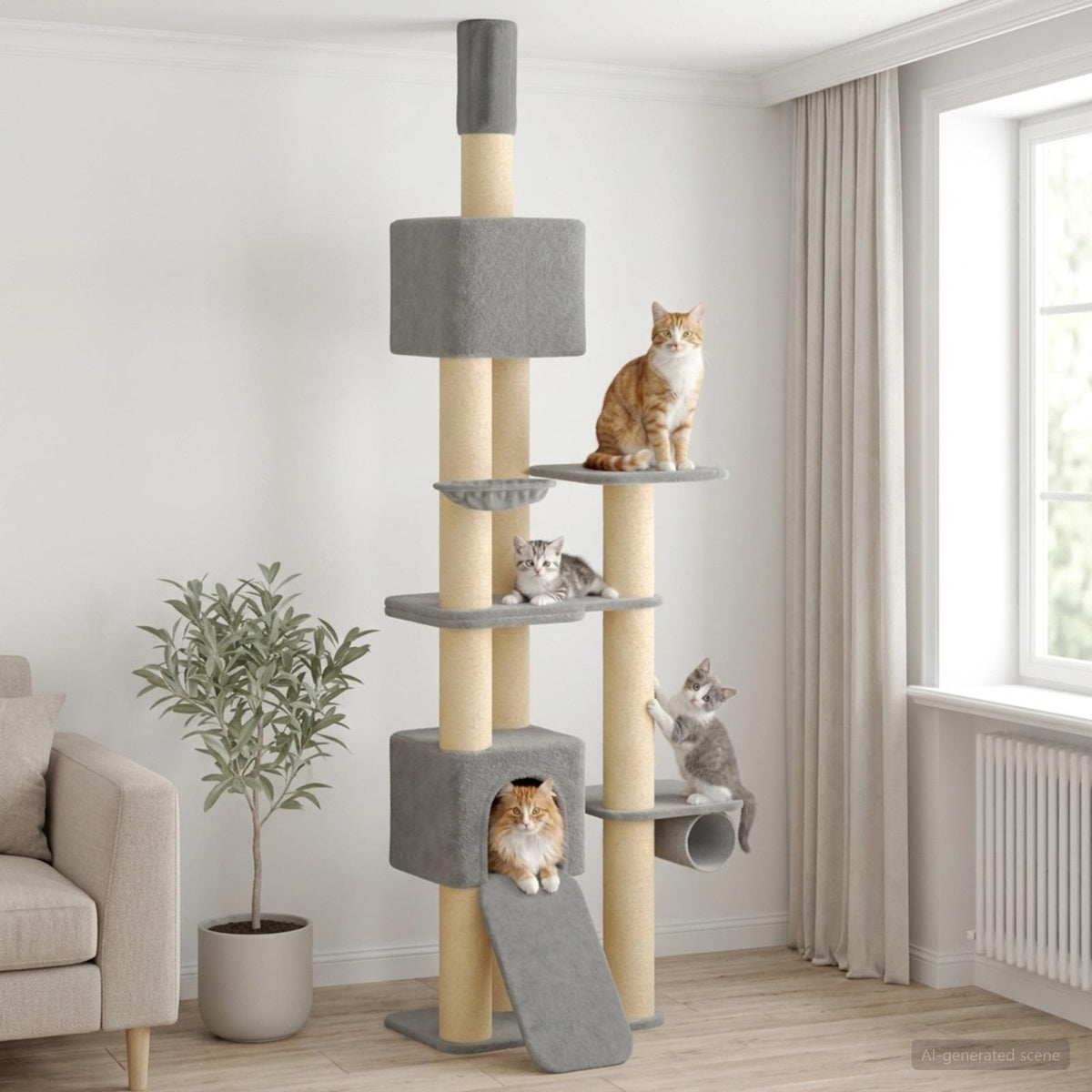 Floor-to-Ceiling Cat Tree with Sisal Post Light Grey 257-283 cm