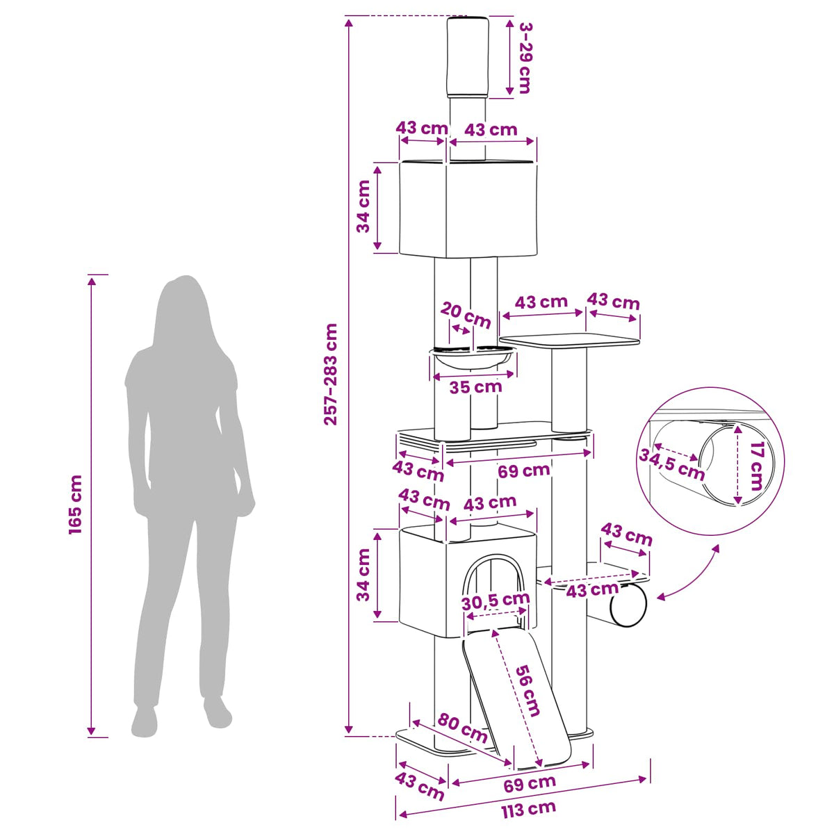 Floor-to-Ceiling Cat Tree with Sisal Post Cream 257-283 cm