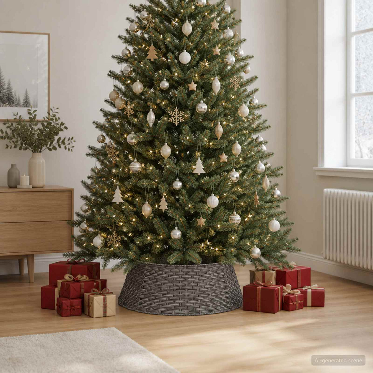 Christmas Tree Collar Round Grey Dia. 90 x 28 cm Poly Rattan