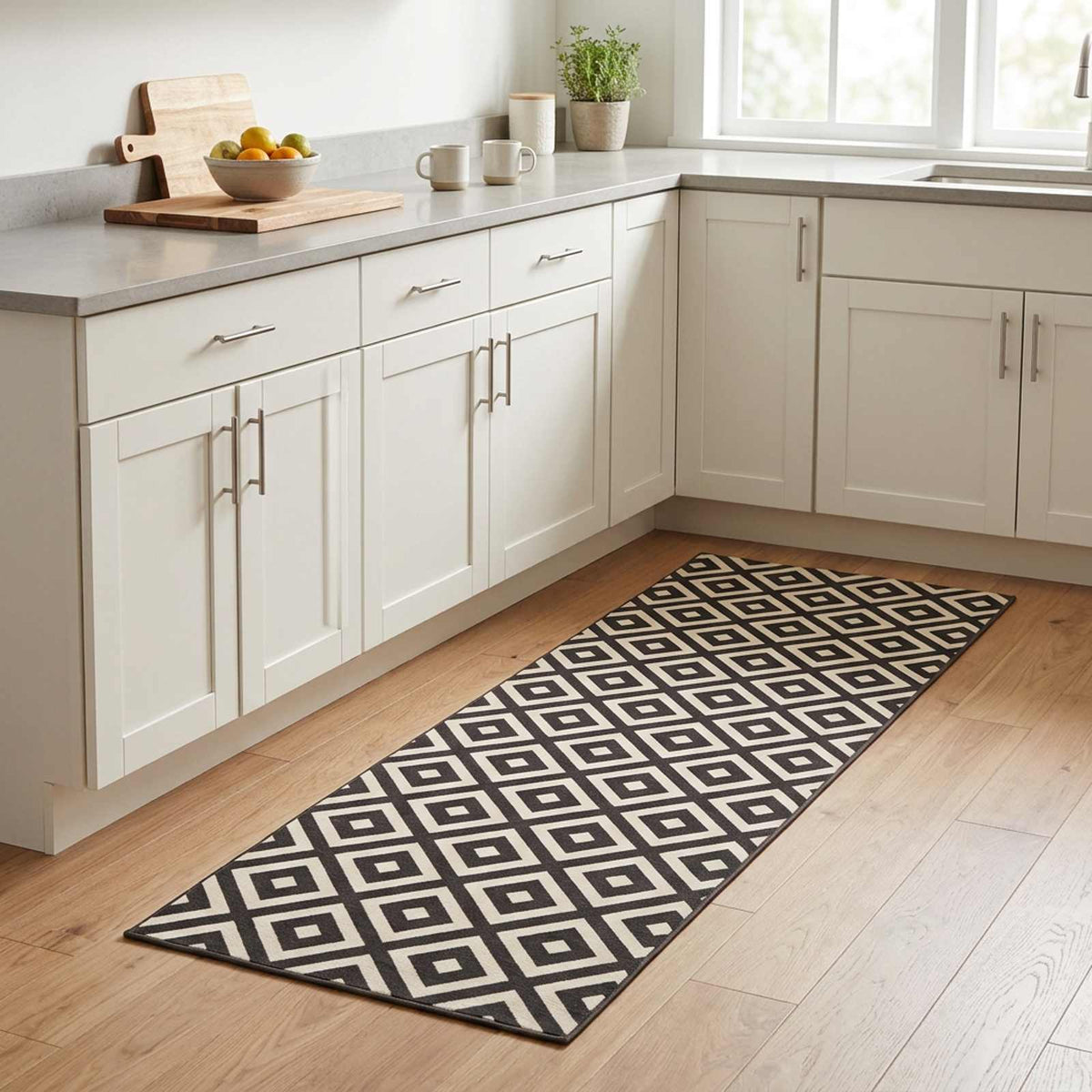 Kitchen Rug Grey and White Diamonds 300 x 60 cm 100% Polyamide