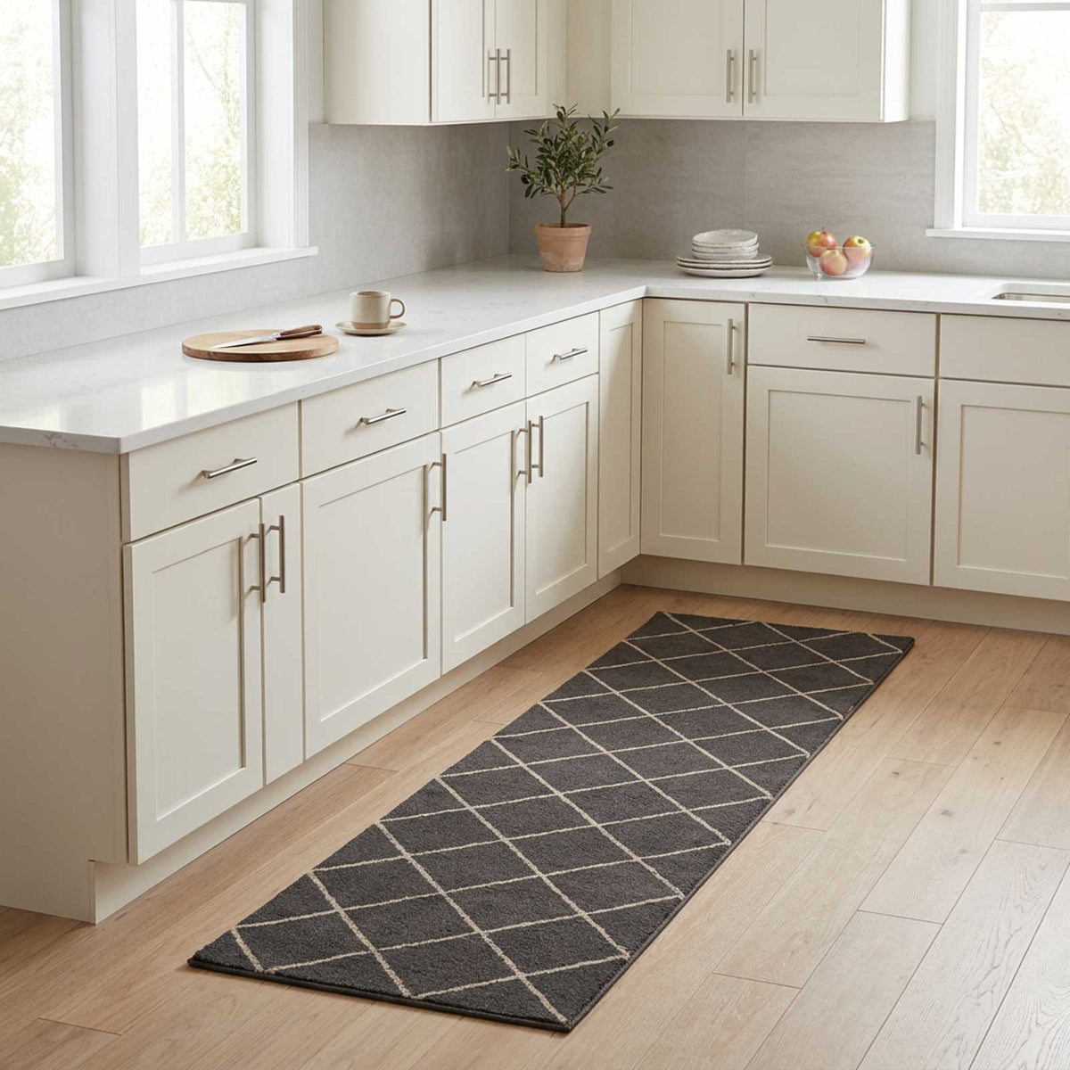 Kitchen Rug Anthracite Checked 300 x 60 cm 100% Polyamide