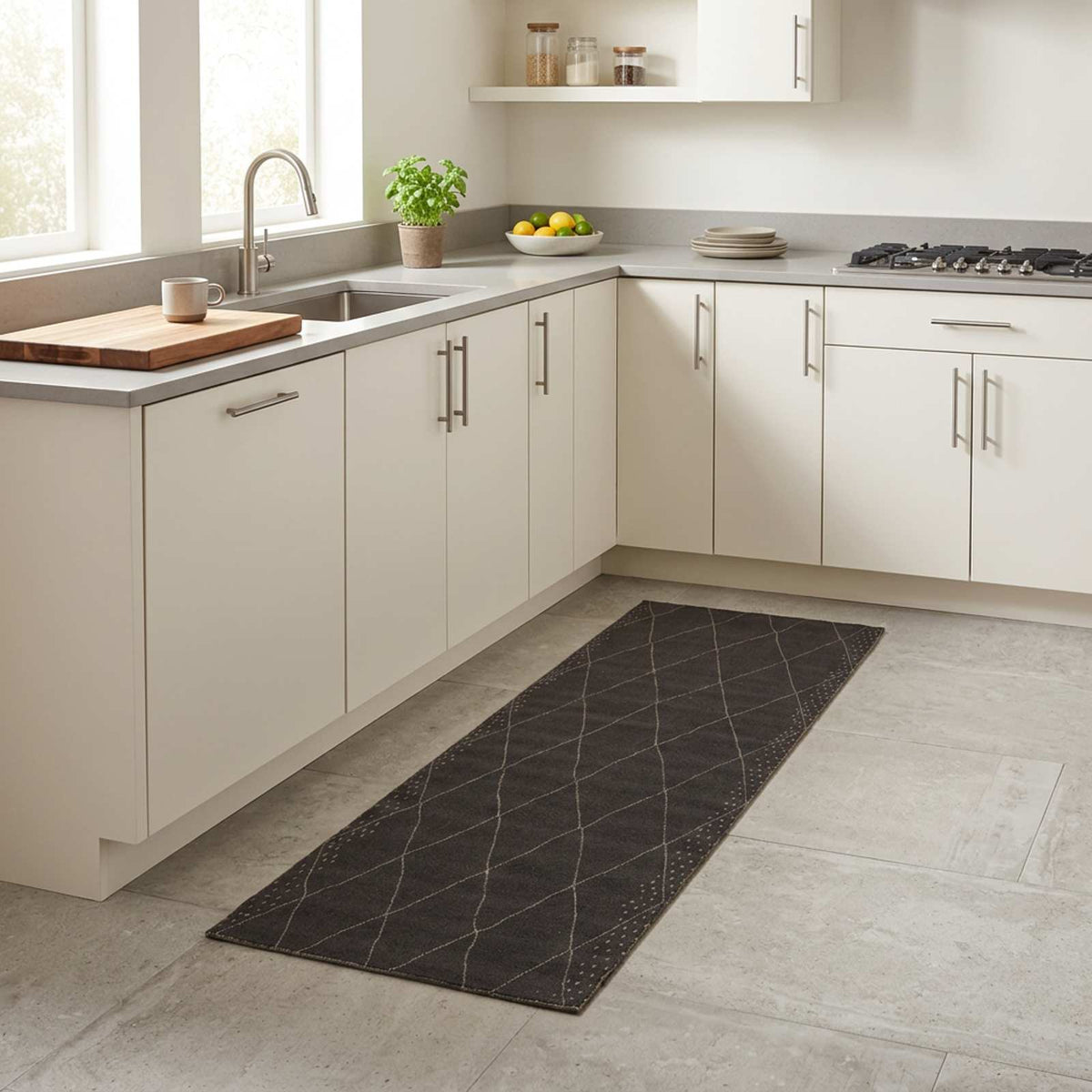 Kitchen Rug Anthracite Checkered 180 x 60 cm 100% Polyamide