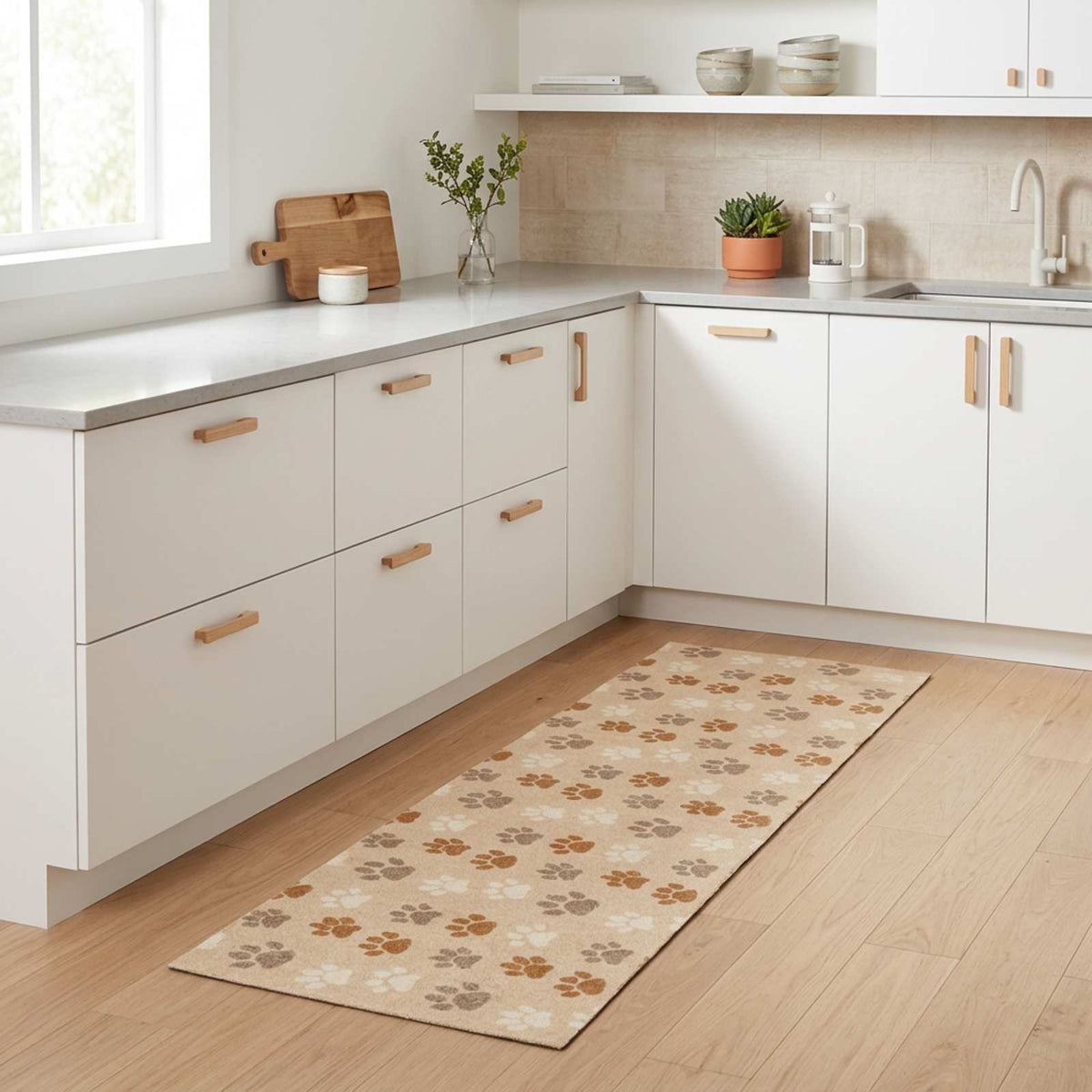 Kitchen Rug Beige Paws 300 x 60 cm 100% Polyamide Washable