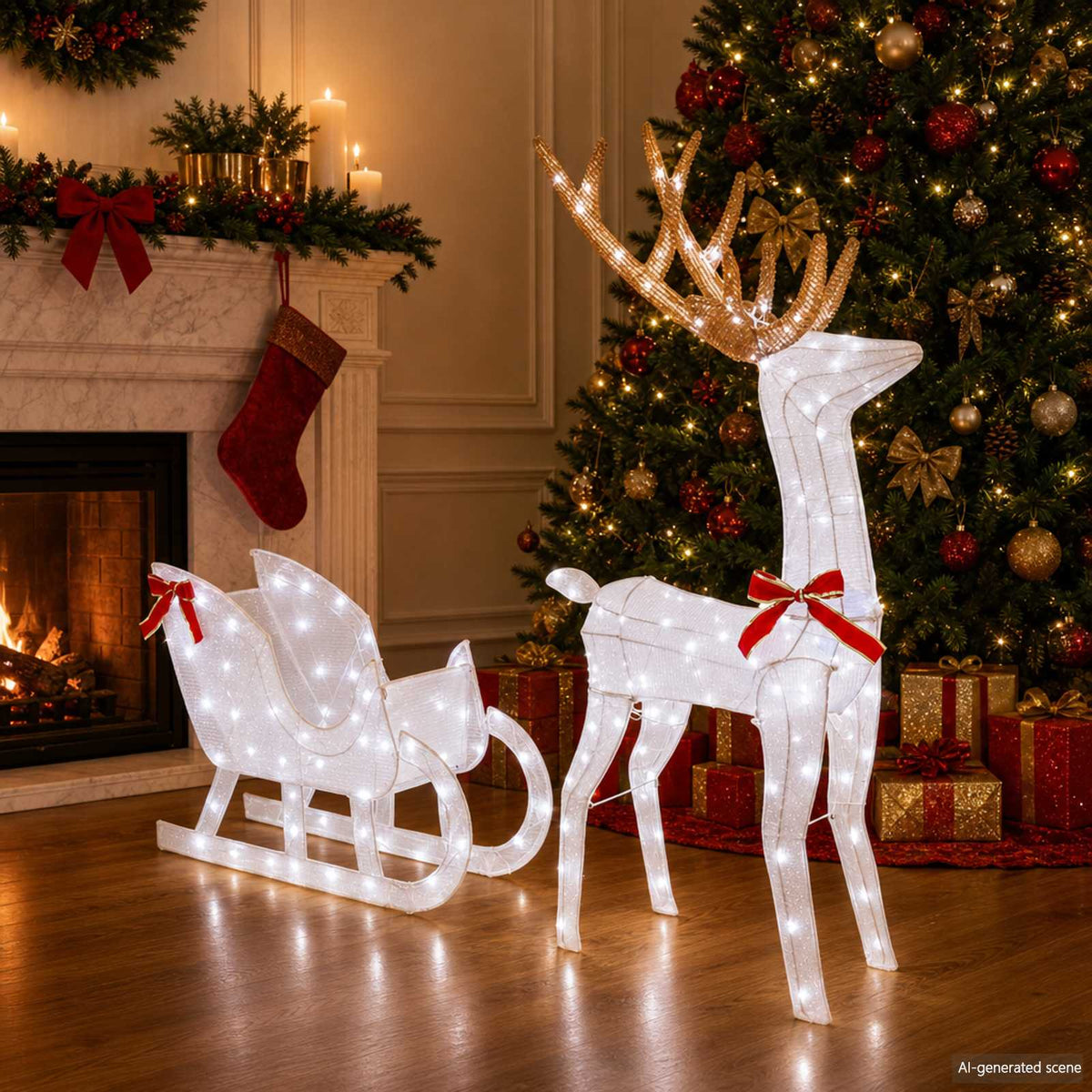 Reindeer Pull Sleigh LOVIISA 2 pcs 200 LEDs Cold White