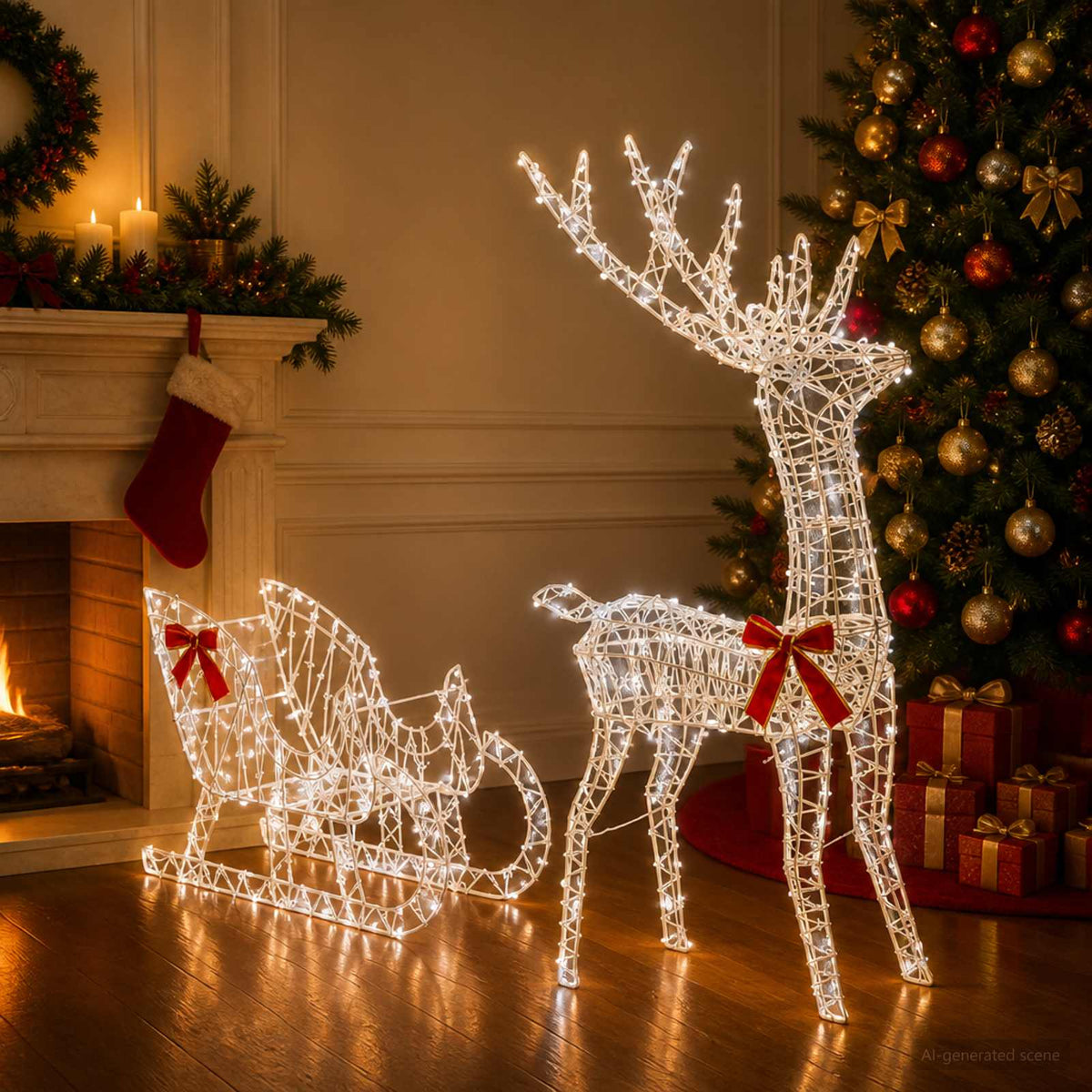 Reindeer Pull Sleigh LOVIISA 2 pcs 450 LEDs Cold White