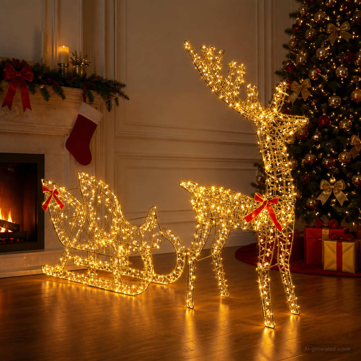 Reindeer Pull Sleigh LOVIISA 2 pcs 450 LEDs Warm White