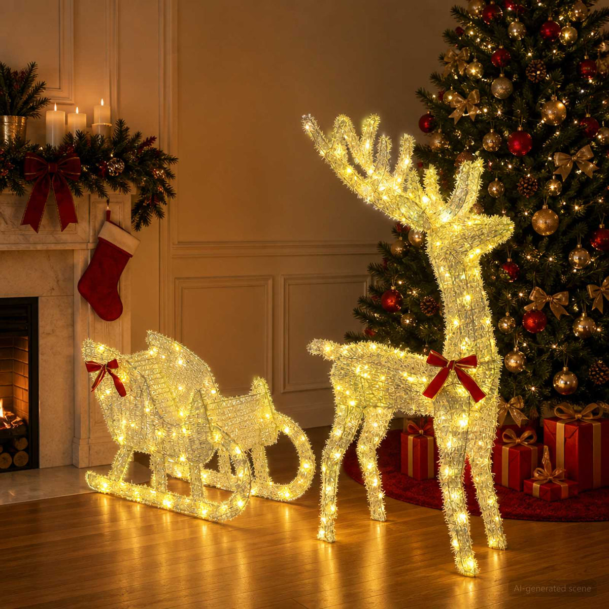 Reindeer Pull Sleigh LOVIISA 2 pcs 200 LEDs Warm White