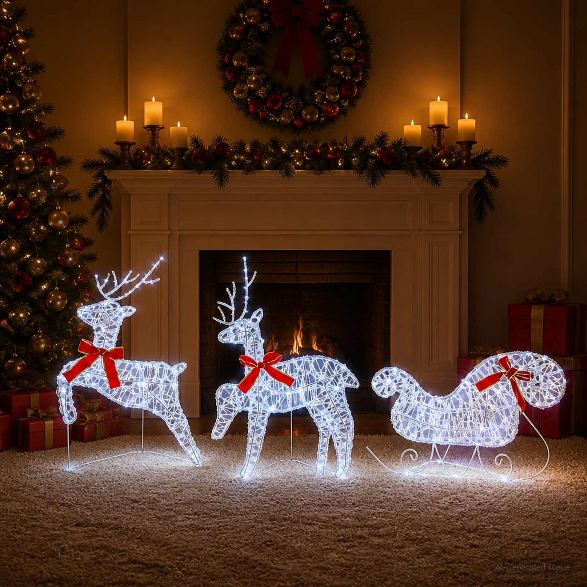 Christmas Reindeer with Sleigh 3 pcs 60 LEDs Cold White