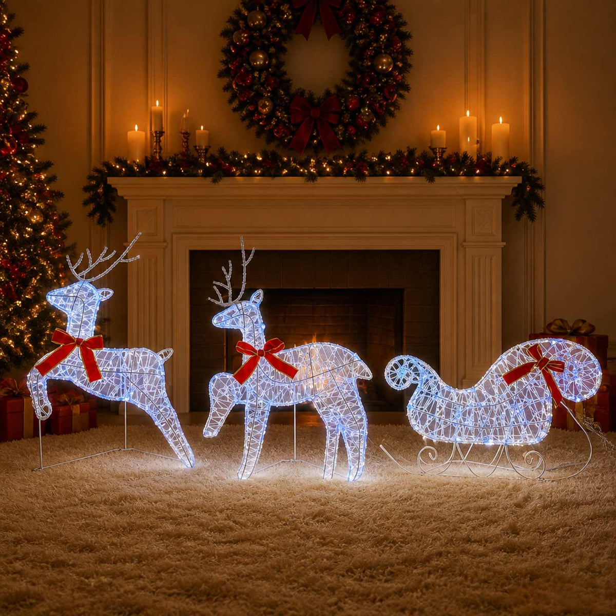 Christmas Reindeer with Sleigh 3 pcs 60 LEDs Blue