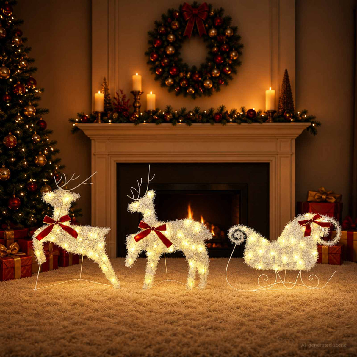 Christmas Reindeer with sleigh 3 pcs 60 LEDs Warm White