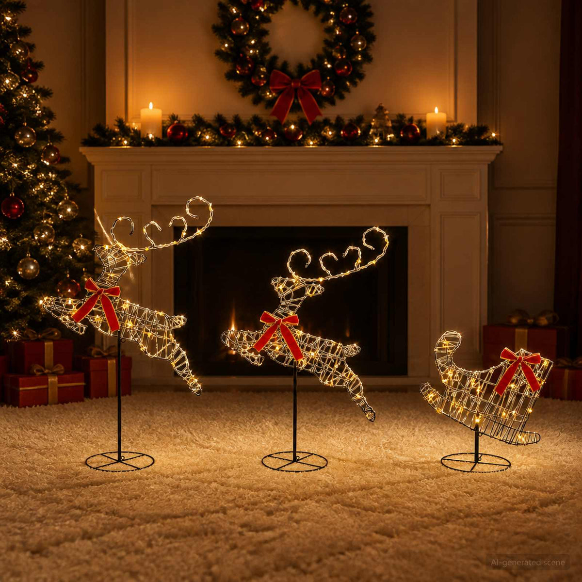 Christmas Reindeer with Sleigh 3 pcs 72 LEDs Warm White