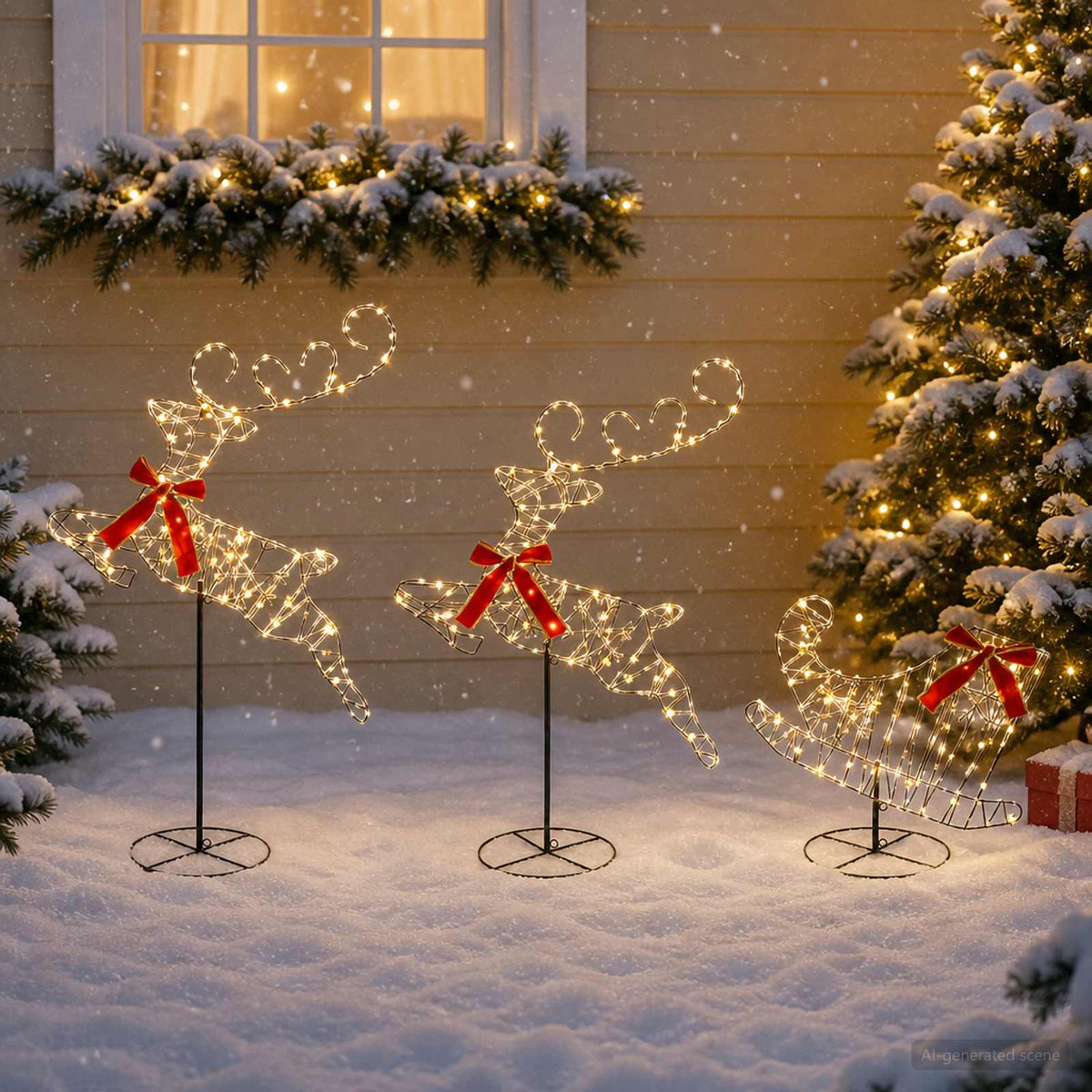 Christmas Reindeer with Sleigh 3 pcs 160 LEDs Warm White