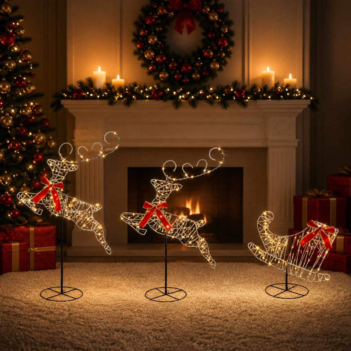 Christmas Reindeer with Sleigh 3 pcs 160 LEDs Warm White