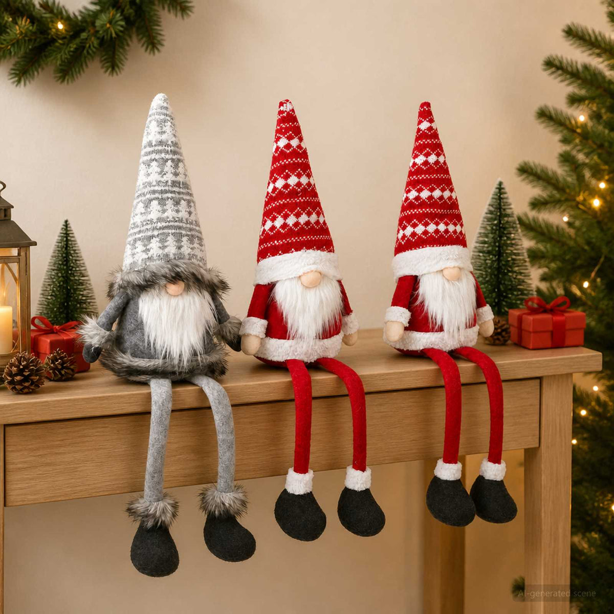 Sitting Gnome Set with LED Light 3 pcs Red and Grey 20 x 60 cm