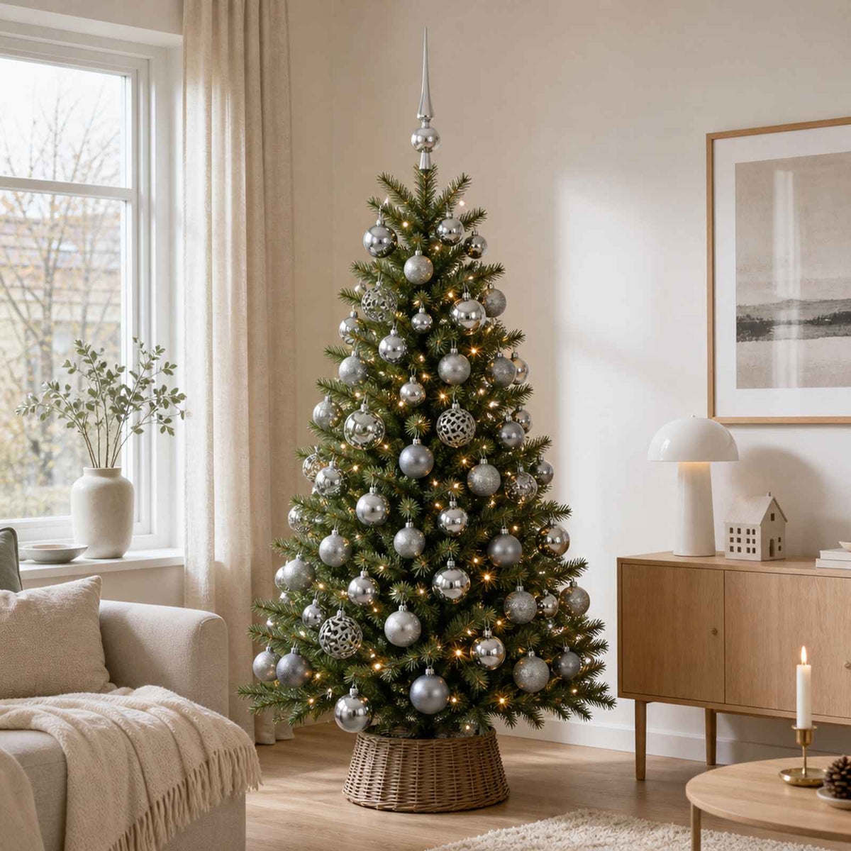 Christmas Bauble Set 61 pcs Grey Dia. 6 cm Plastic 300 LEDs