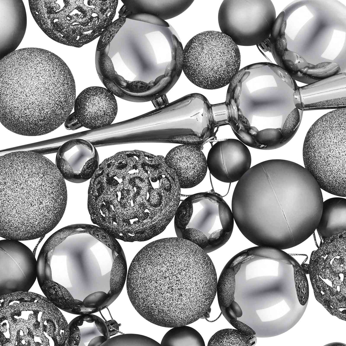 Christmas Bauble Set 61 pcs Grey Dia. 6 cm Plastic 300 LEDs