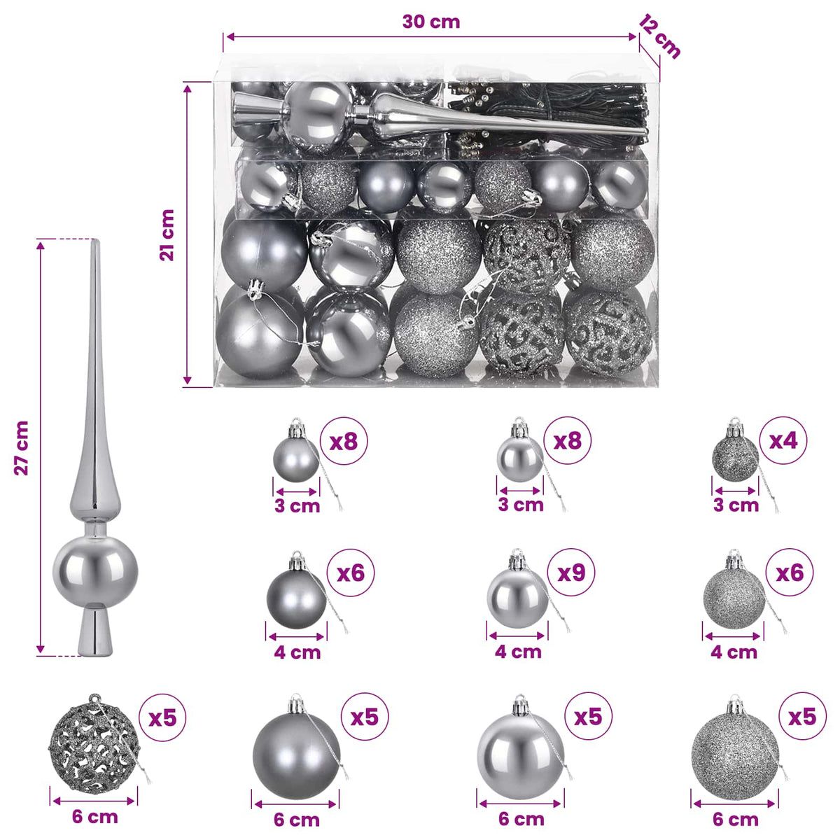 Christmas Bauble Set 61 pcs Grey Dia. 6 cm Plastic 300 LEDs