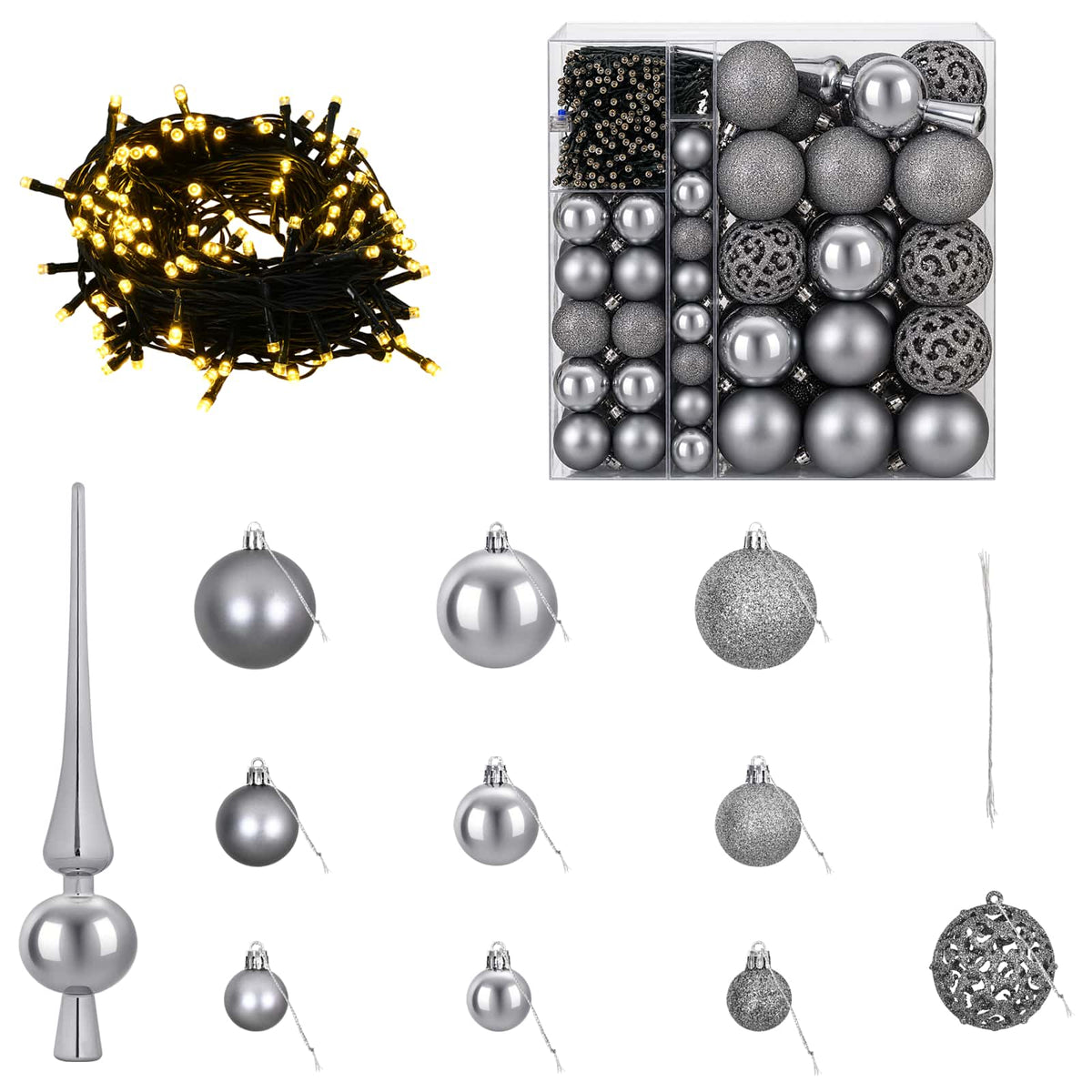 Christmas Bauble Set 120 pcs Grey Dia. 6 cm Plastic 300 LEDs