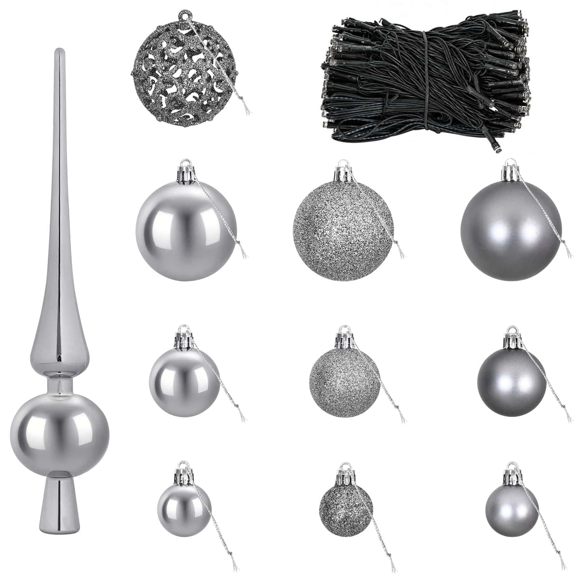 Christmas Bauble Set 120 pcs Grey Dia. 6 cm Plastic 300 LEDs