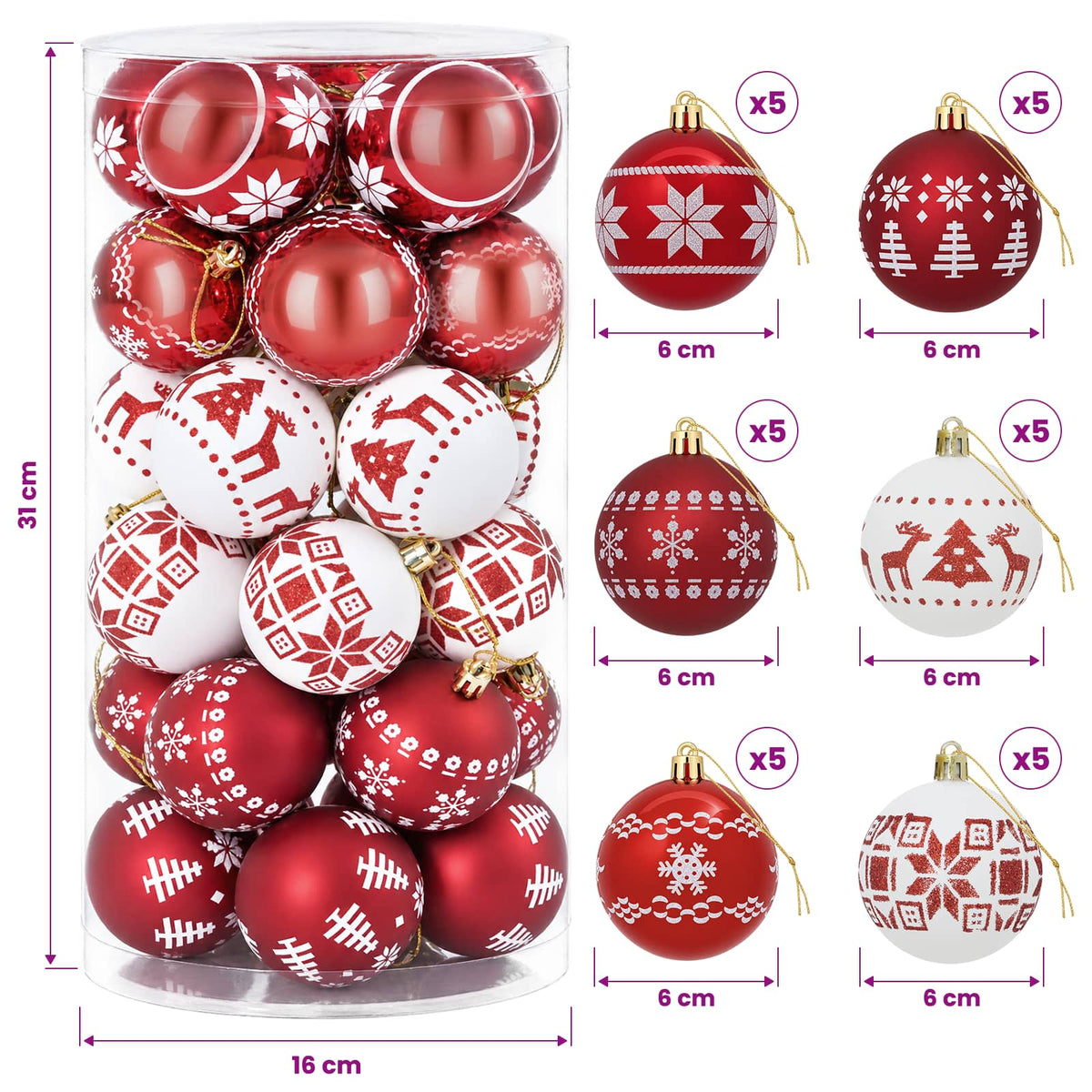 Christmas Ball Set 30 pcs Red and White Ø 6 cm Plastic