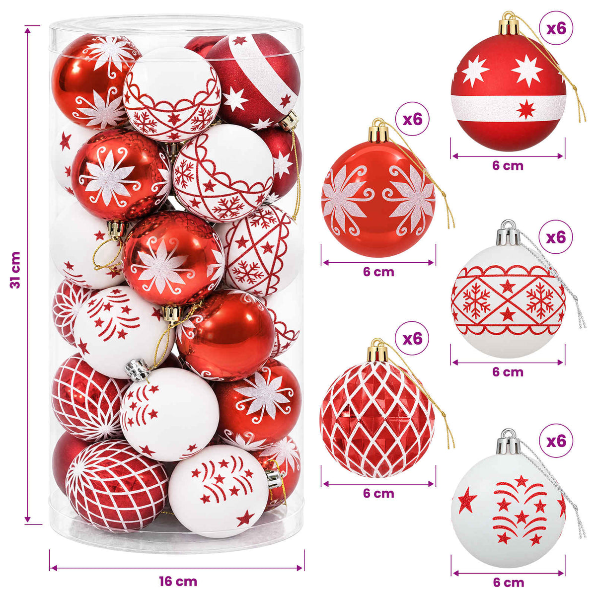 Christmas Ball Set 30 pcs Red and White Ø 6 cm Plastic