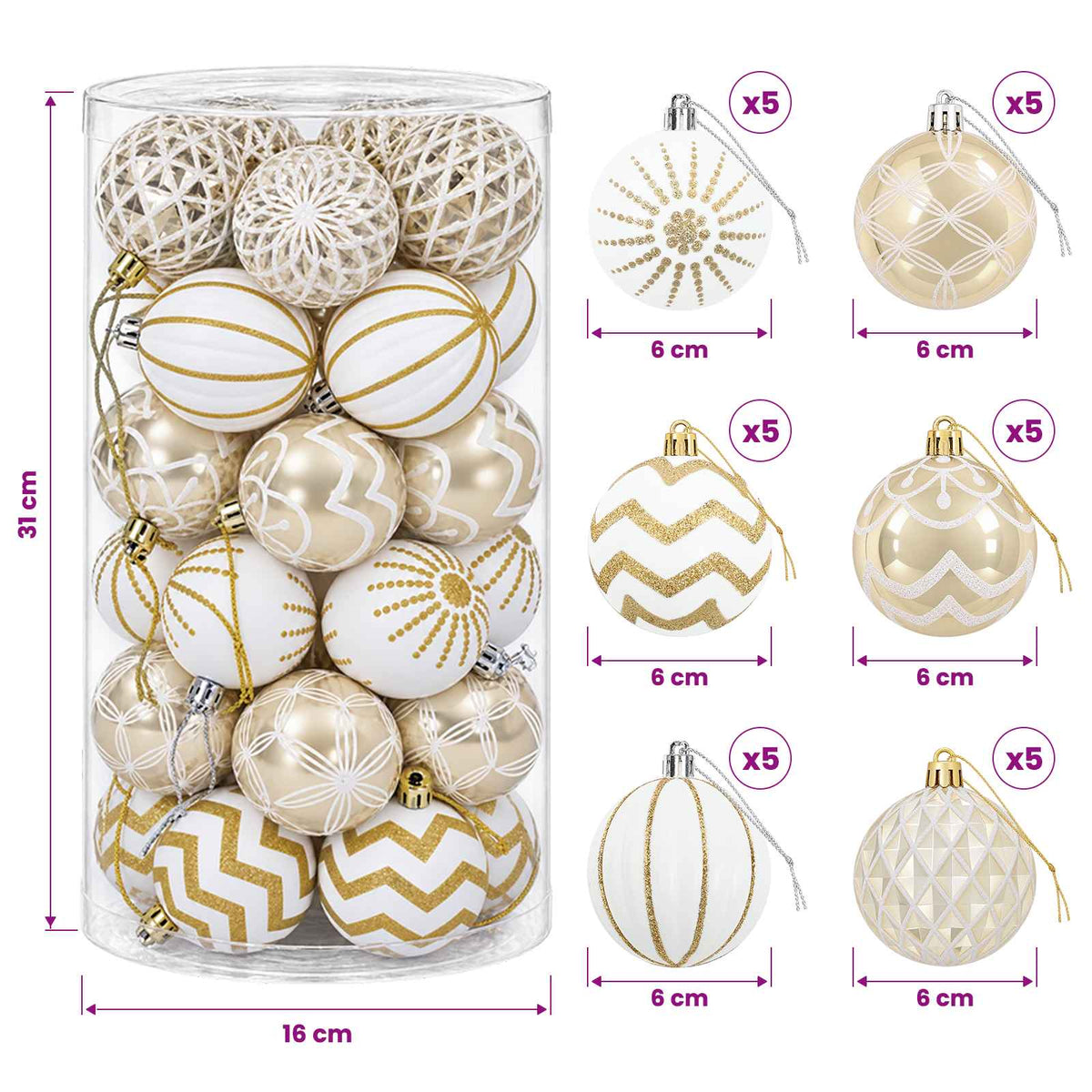 Christmas Ball Set 30 pcs Gold and White Ø 6 cm Plastic