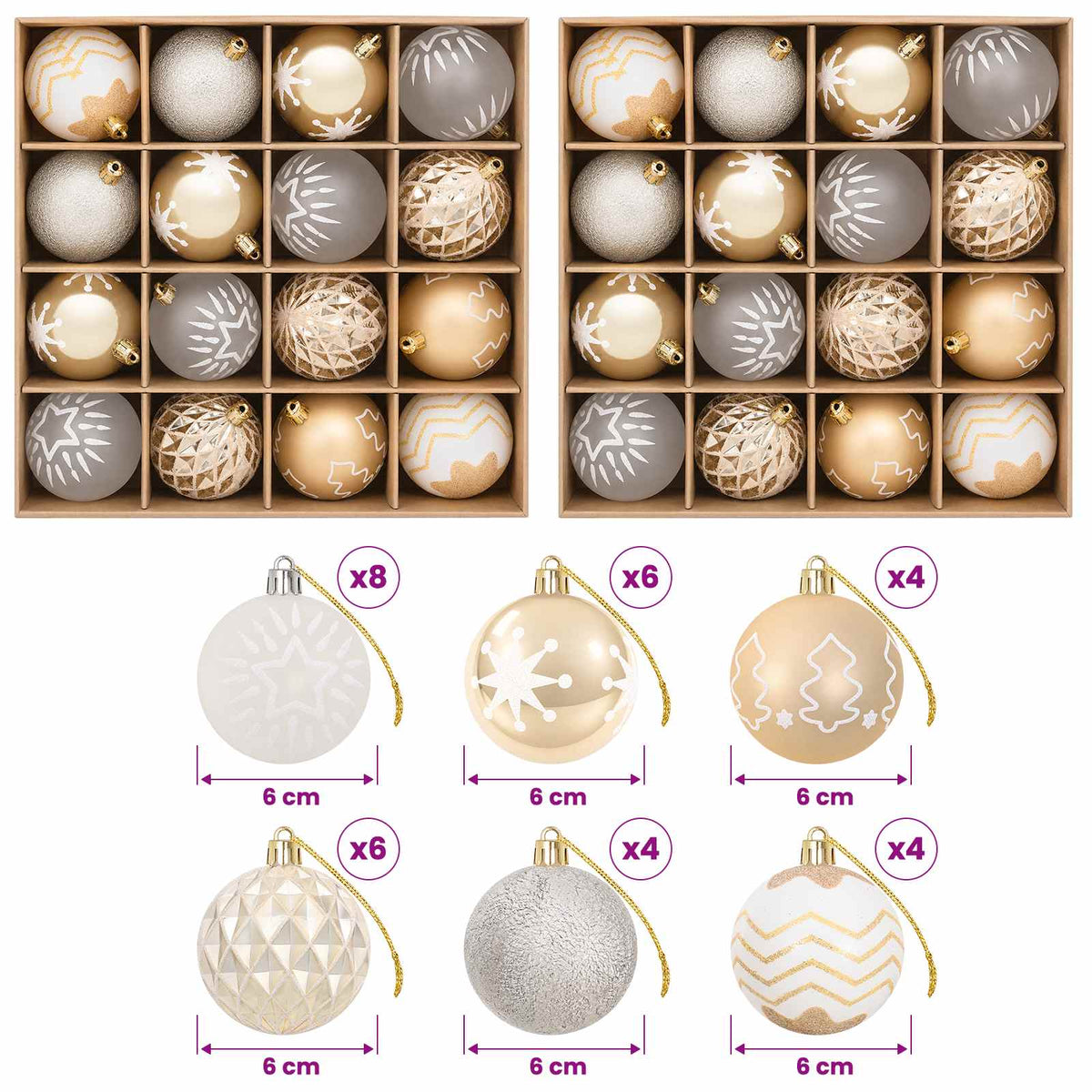 Christmas Ball Set 32 pcs Gold Transparent and White Dia. 6 cm