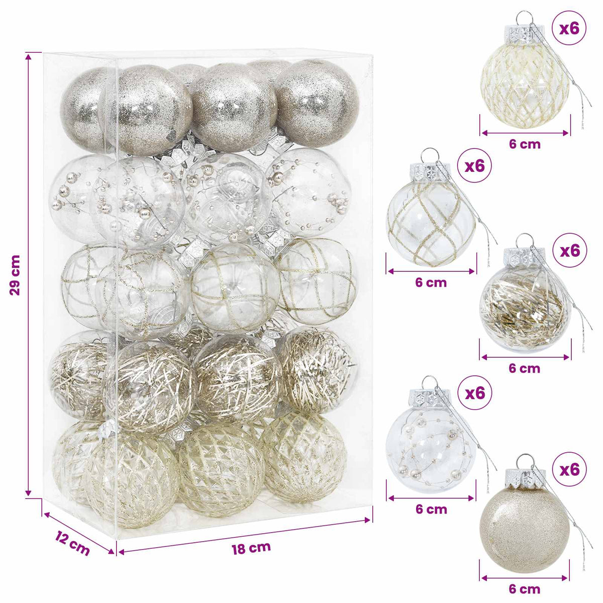 Christmas Ball Set 30 pcs Champagne Dia. 6 cm PET