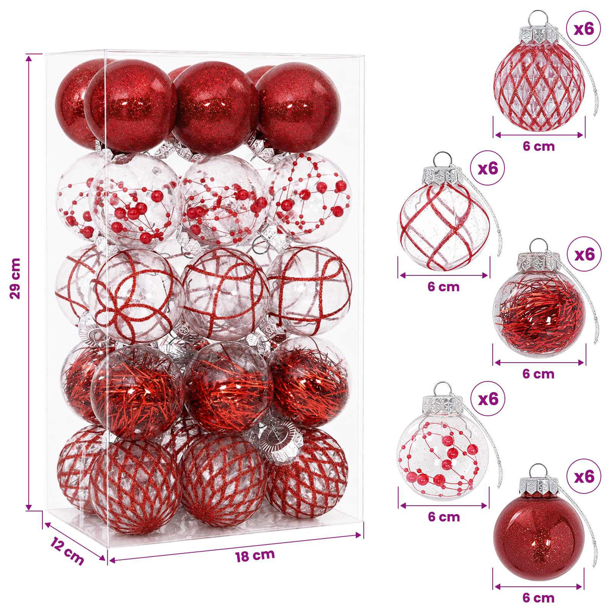 Christmas Ball Set 30 pcs Red Dia. 6 cm PET