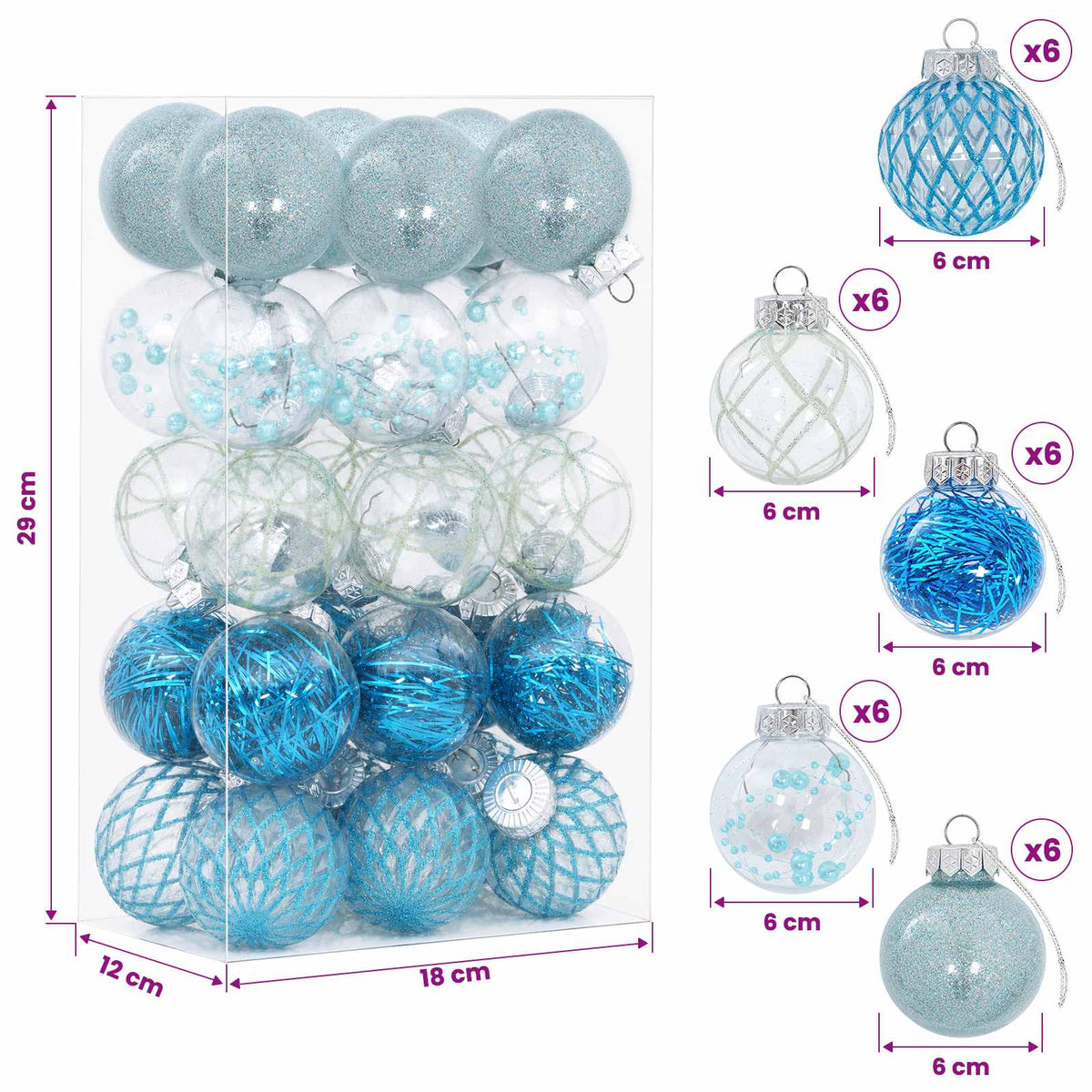 Christmas Ball Set 30 pcs Blue Dia. 6 cm PET