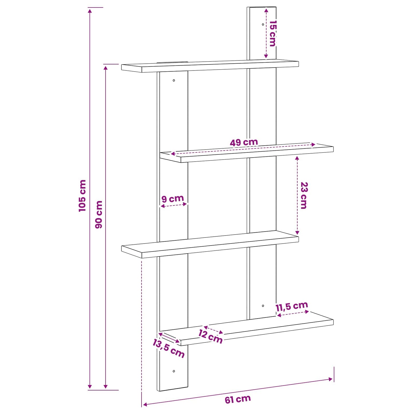 Wall Shelf Concrete Grey 61 x 13.5 x 105 cm Engineered Wood