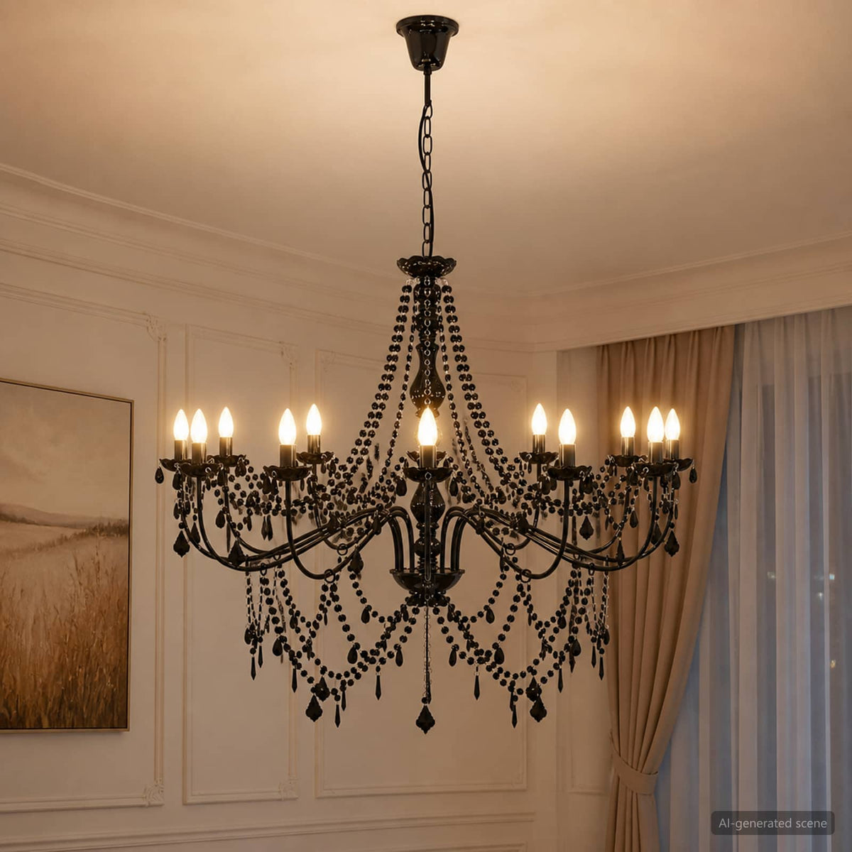 Adjustable Chandelier with Beads E14 Metal and Acrylic Black