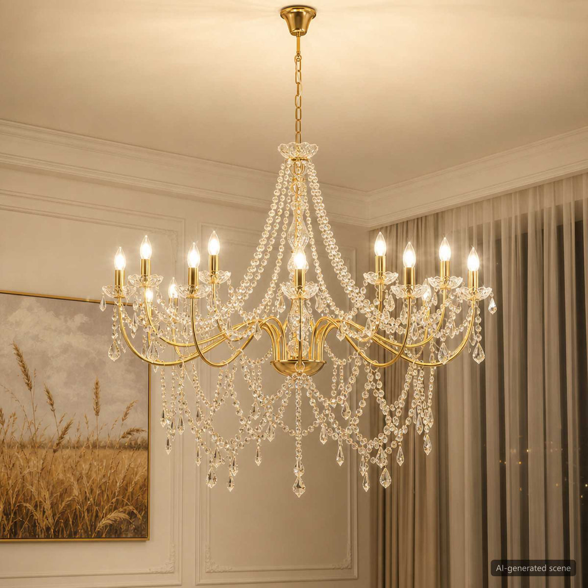 Adjustable Chandelier with Beads E14 Metal and Acrylic Gold