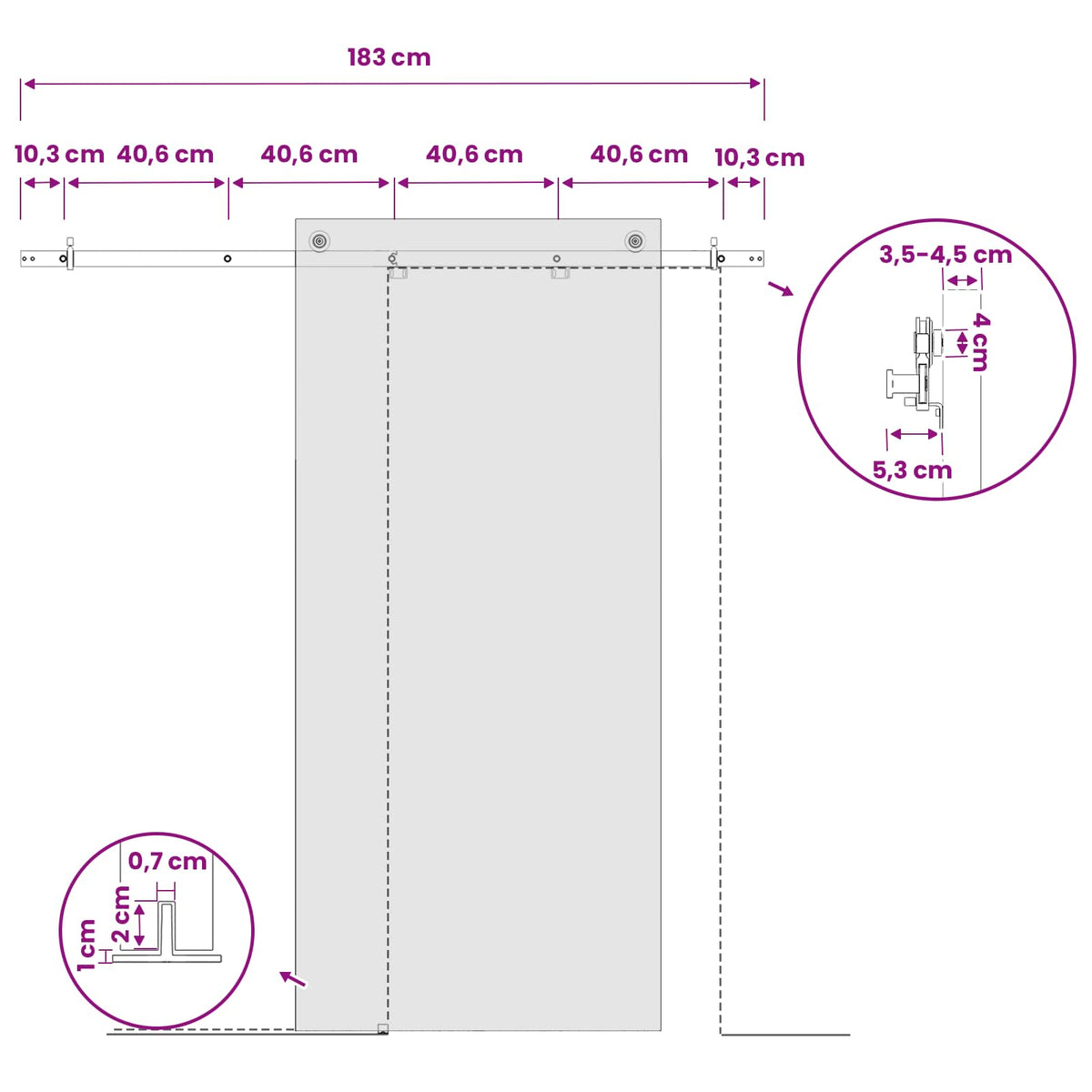 Sliding Door Hardware Kit 183 cm Steel White