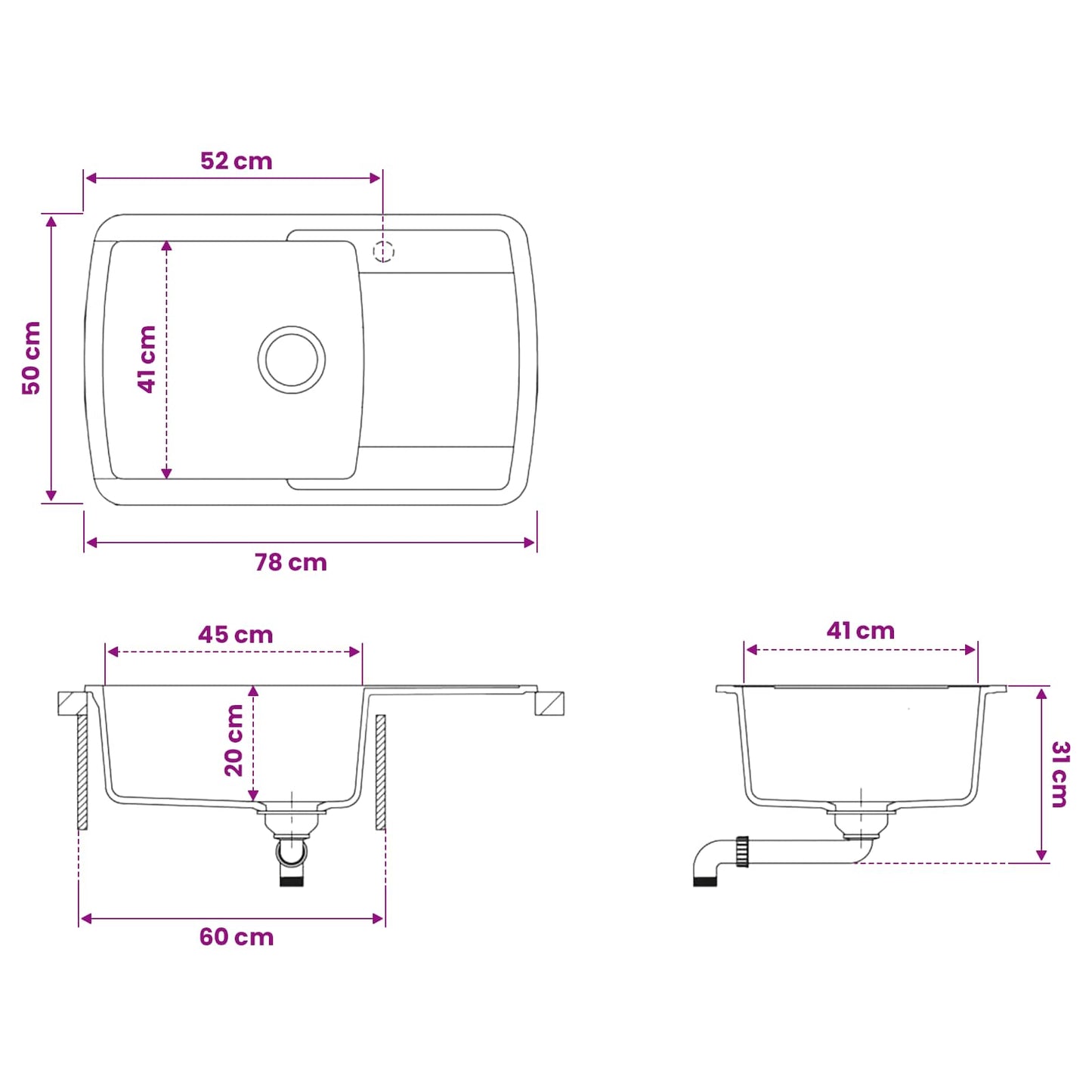 Kitchen Sink Single Basin Granite 78 x 50 x 31 cm Graphite