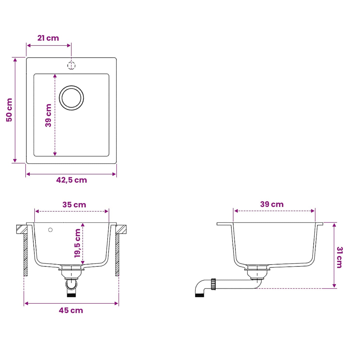 Kitchen Sink Single Basin Granite 42.5 x 50 x 31 cm Graphite