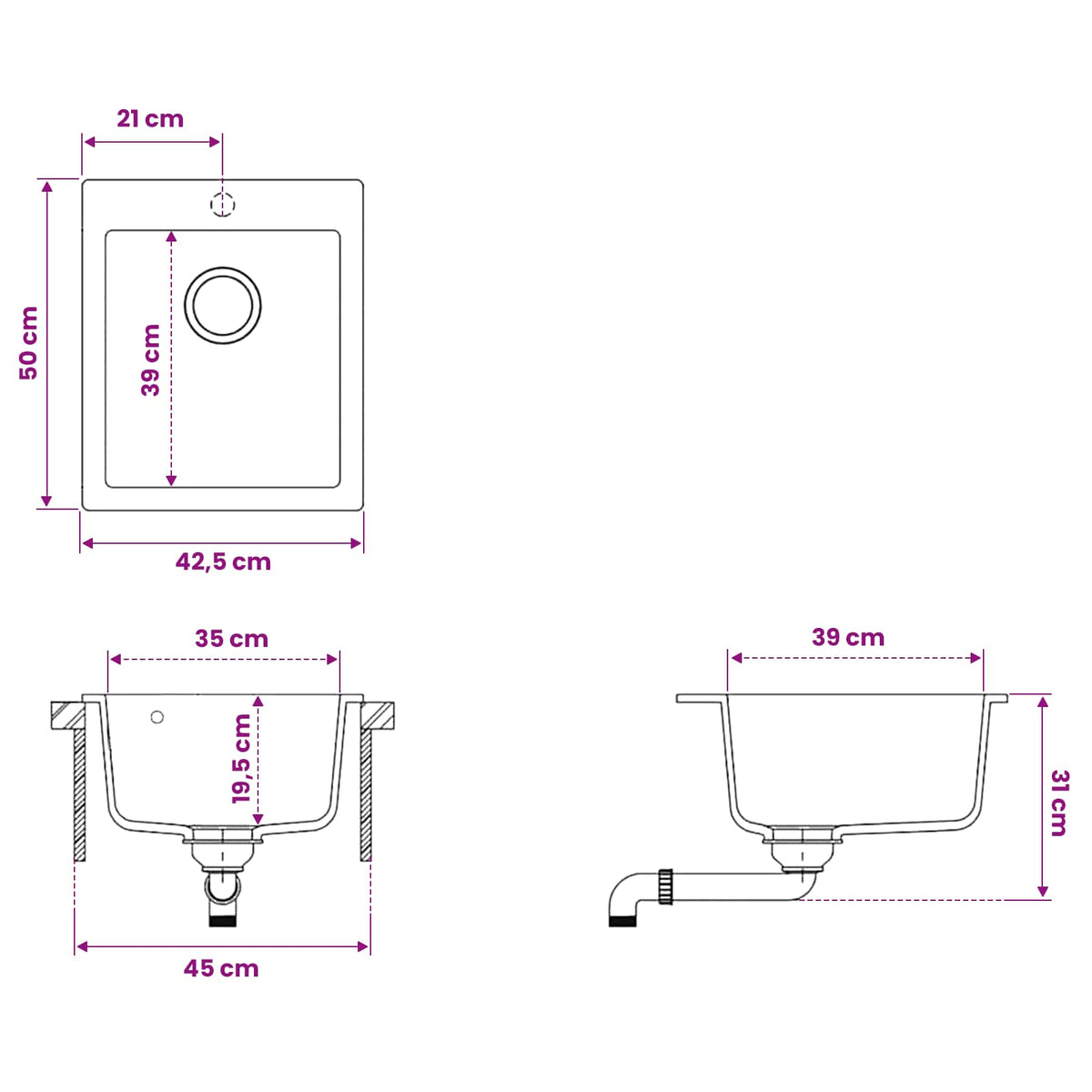 Kitchen Sink Single Basin Granite 42.5 x 50 x 31 cm Graphite