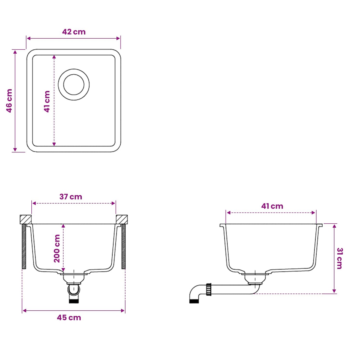 Kitchen Sink Single Basin Granite 42 x 46 x 31 cm Graphite