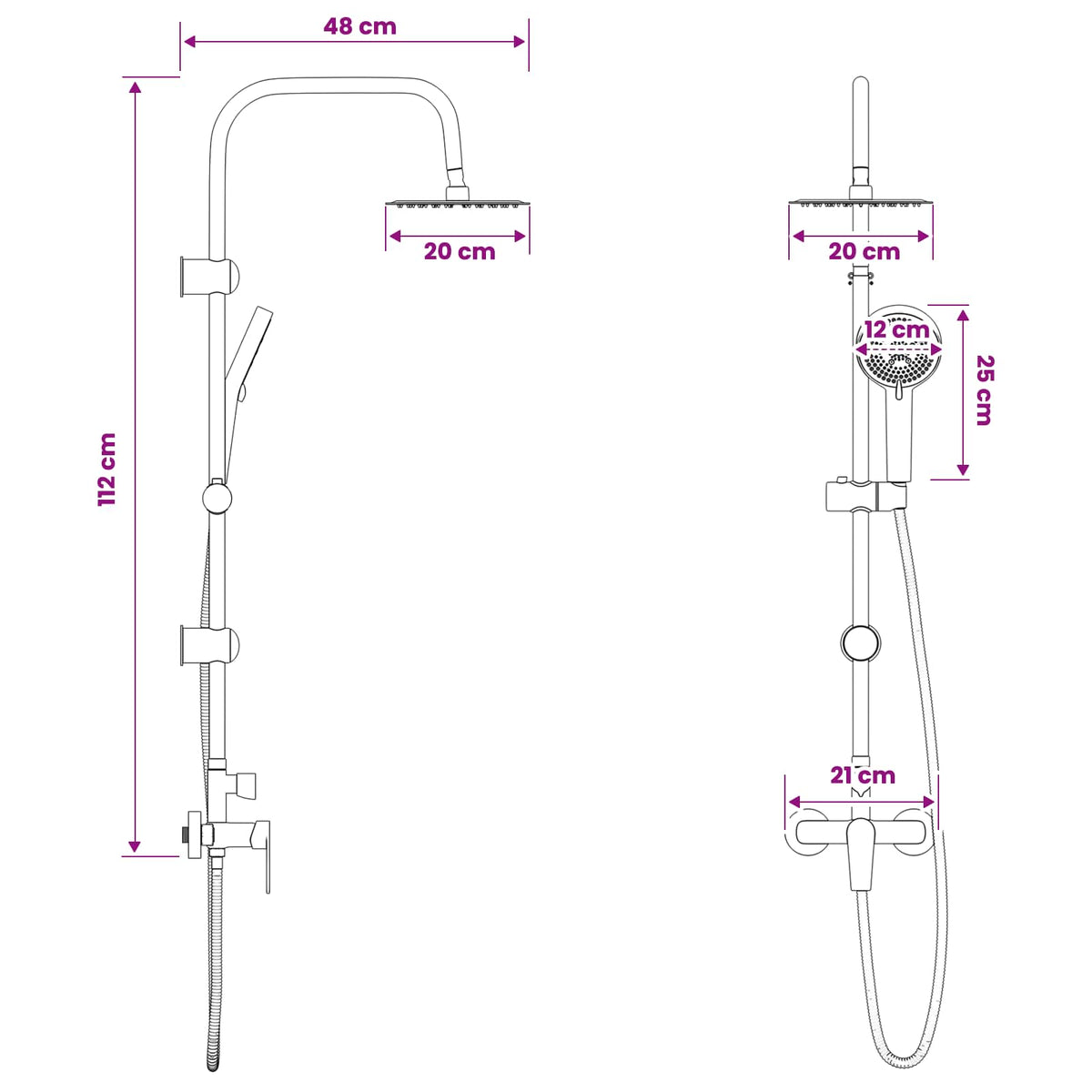 Shower System Chrome Stainless Steel 21 x 48 x 112 cm