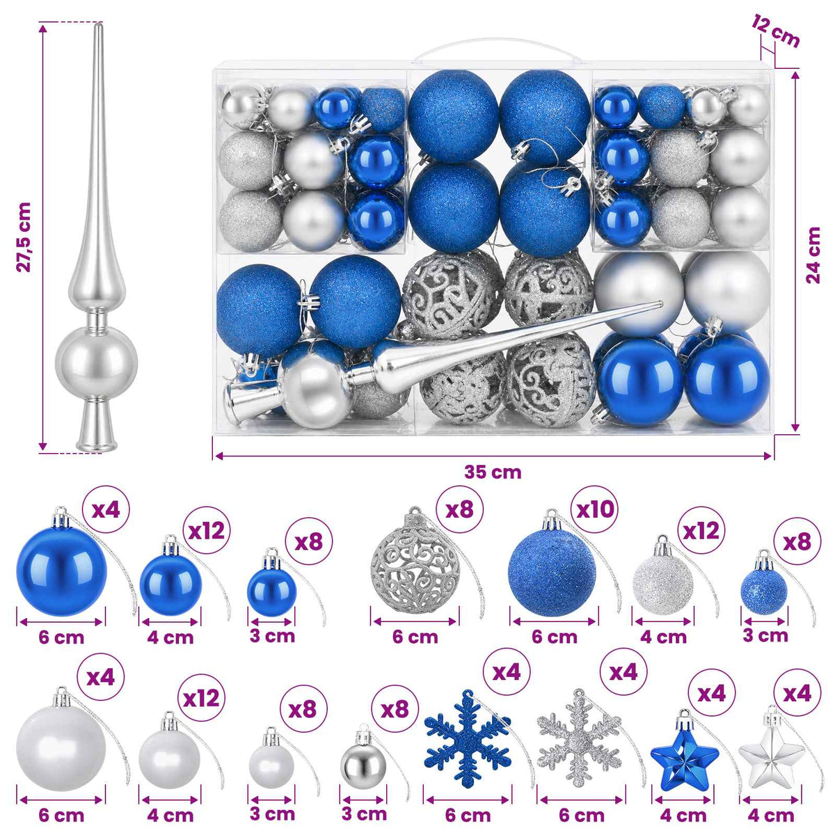 Christmas Ball Set 111 pcs Blue and Silver 6 cm Polystyrene