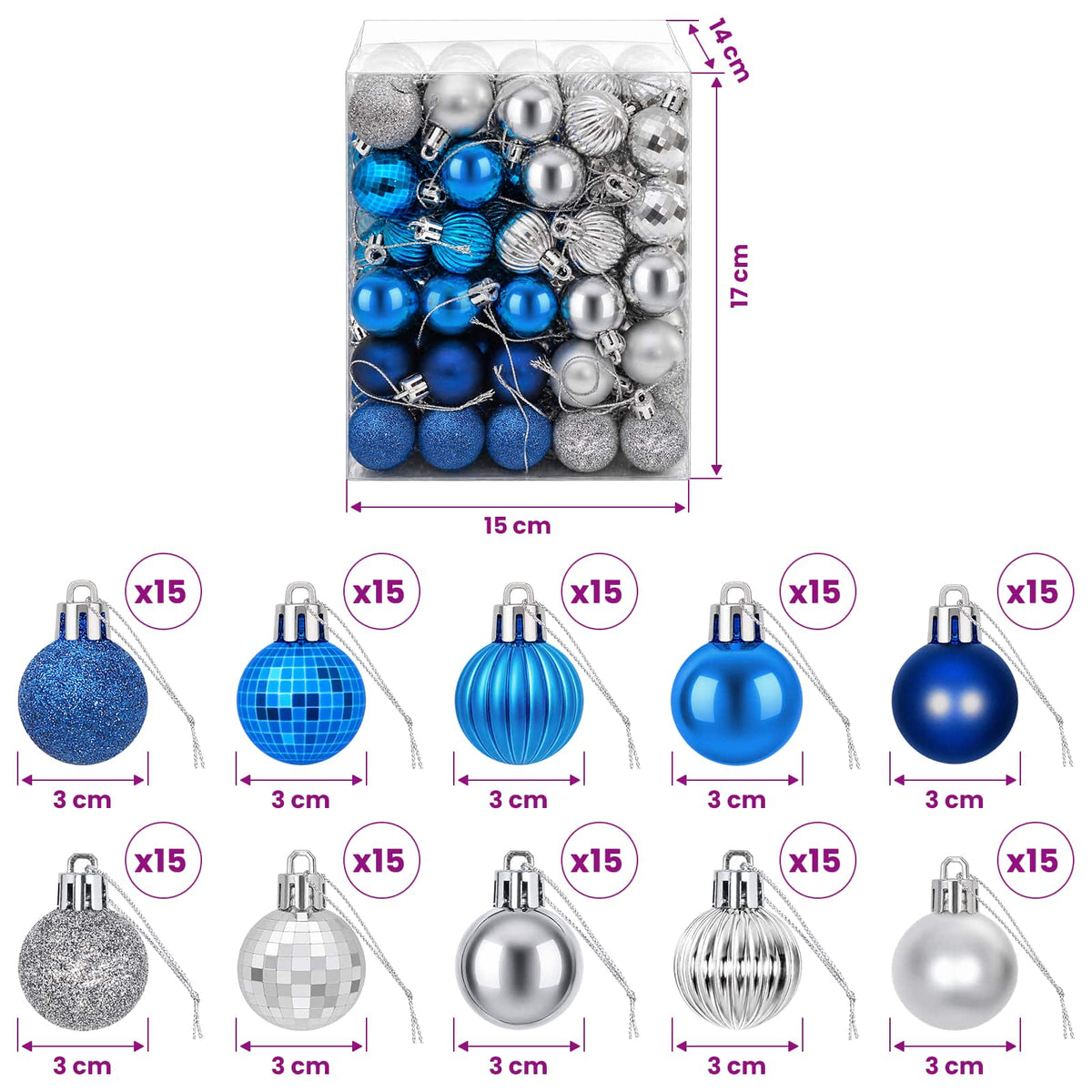 Christmas Ball Set 150 pcs Blue and Silver 3 cm Polystyrene