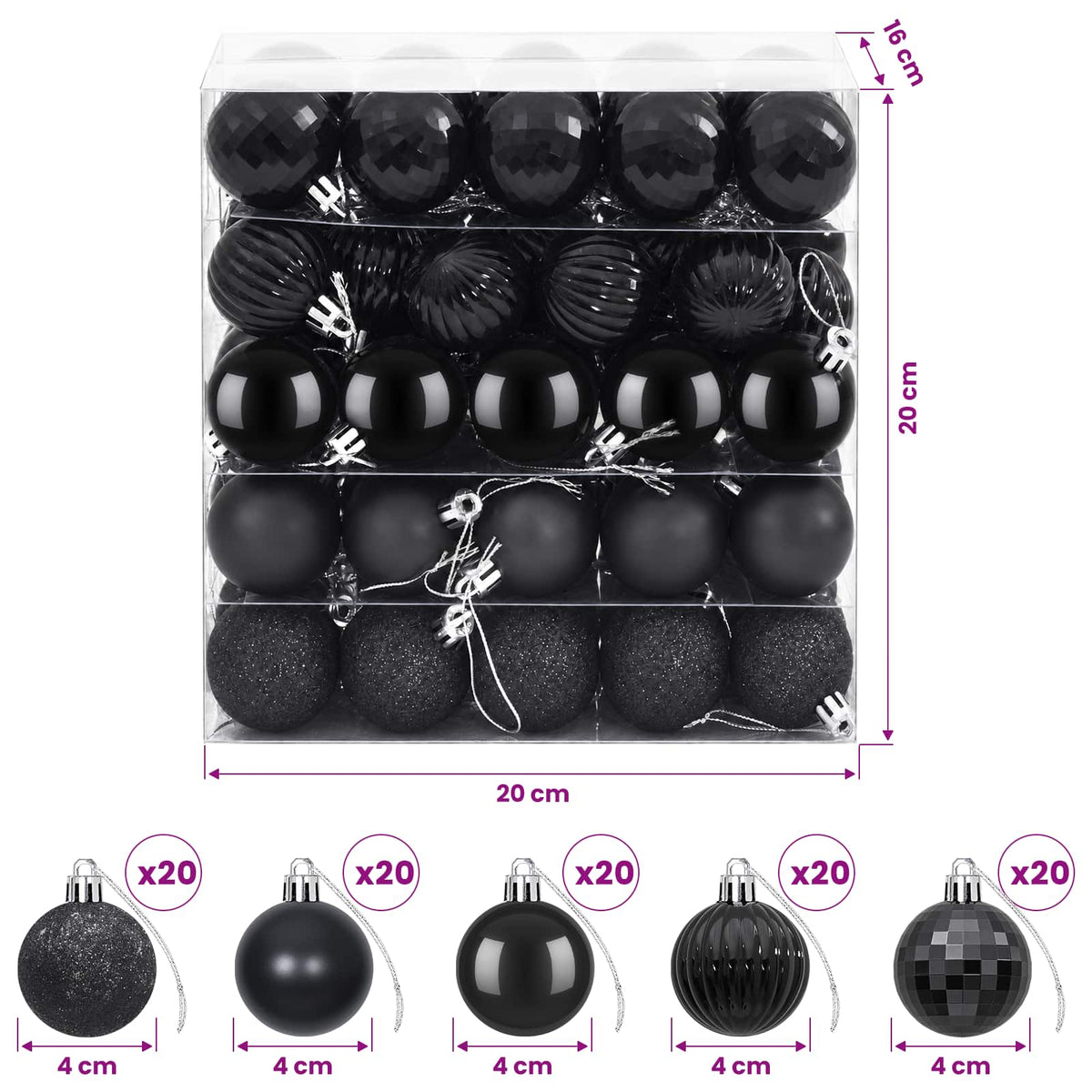 Christmas Ball Set 100 pcs Black Dia. 4 cm Polystyrene