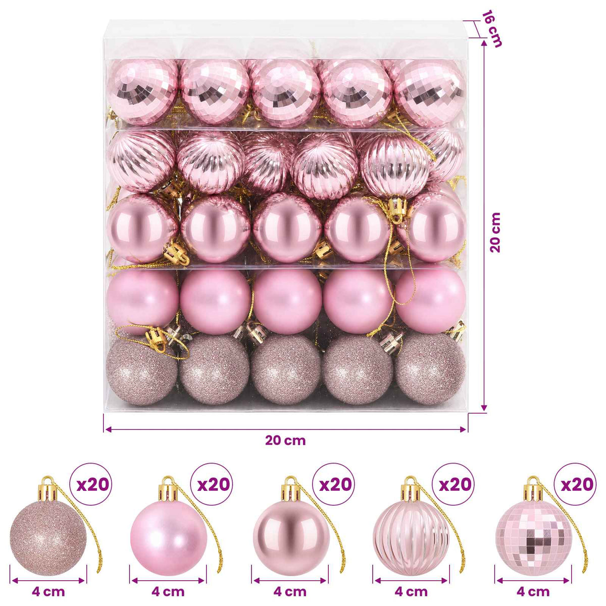 Christmas Ball Set 100 pcs Pink Dia. 4 cm Polystyrene