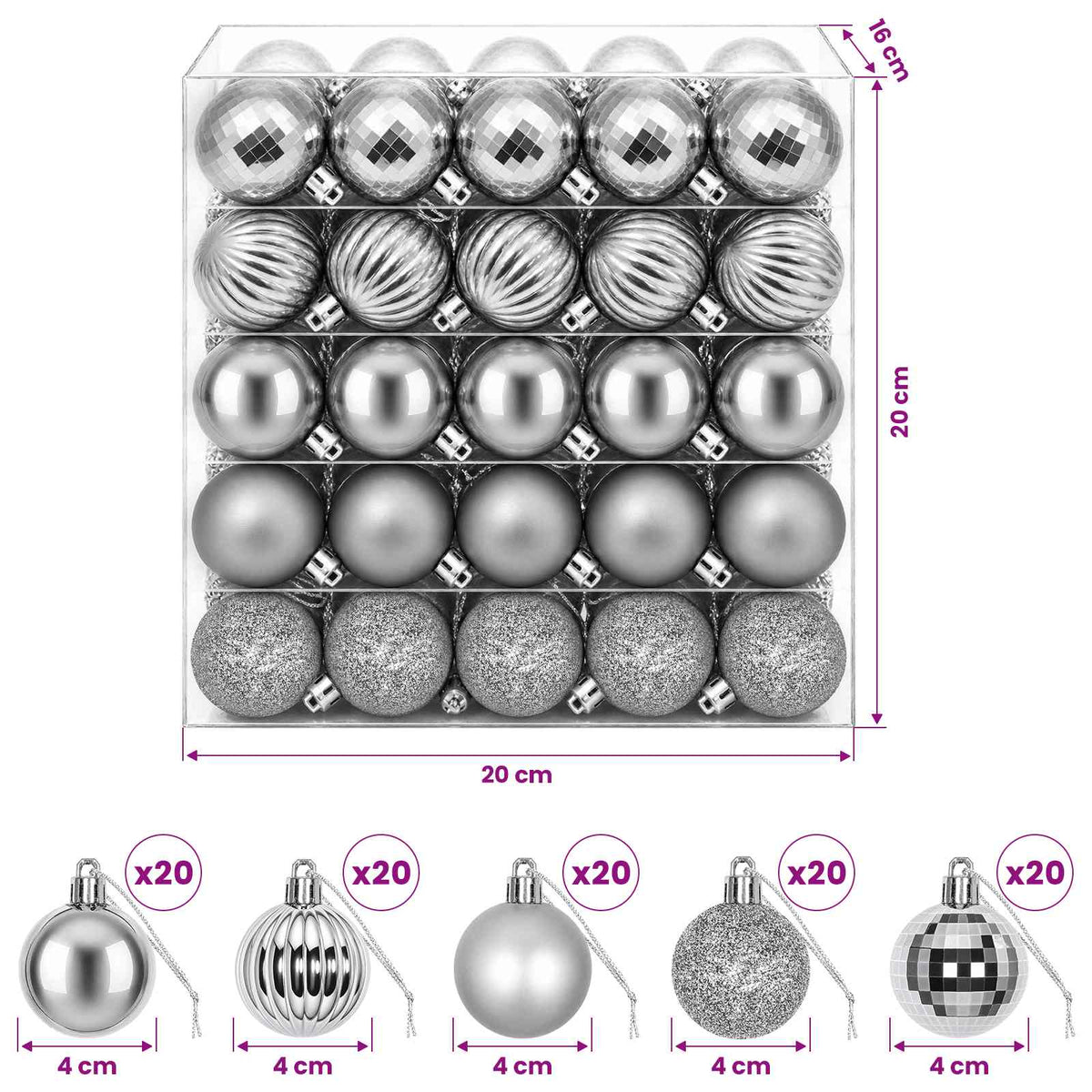Christmas Ball Set 100 pcs Grey Dia. 4 cm Polystyrene