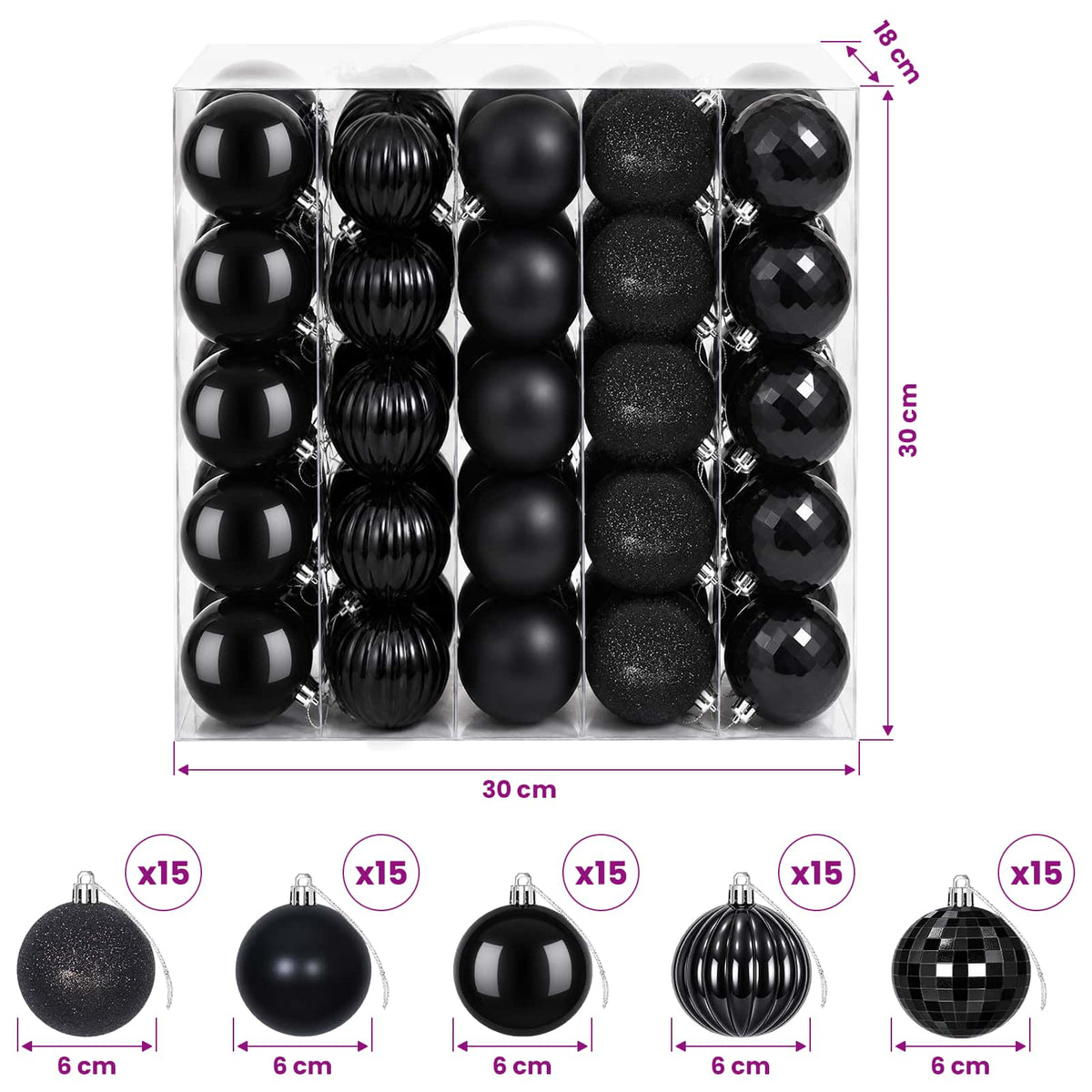 Christmas Ball Set 75 pcs Black 6 cm Polystyrene